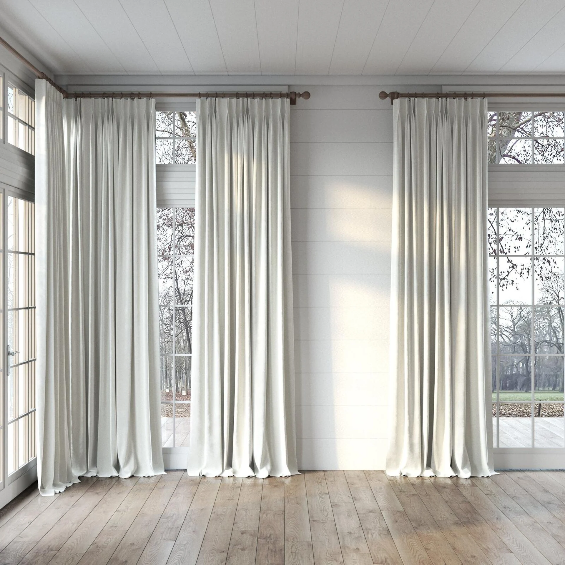 Full view of Velvelux Ivory, puddled, on curtain rod