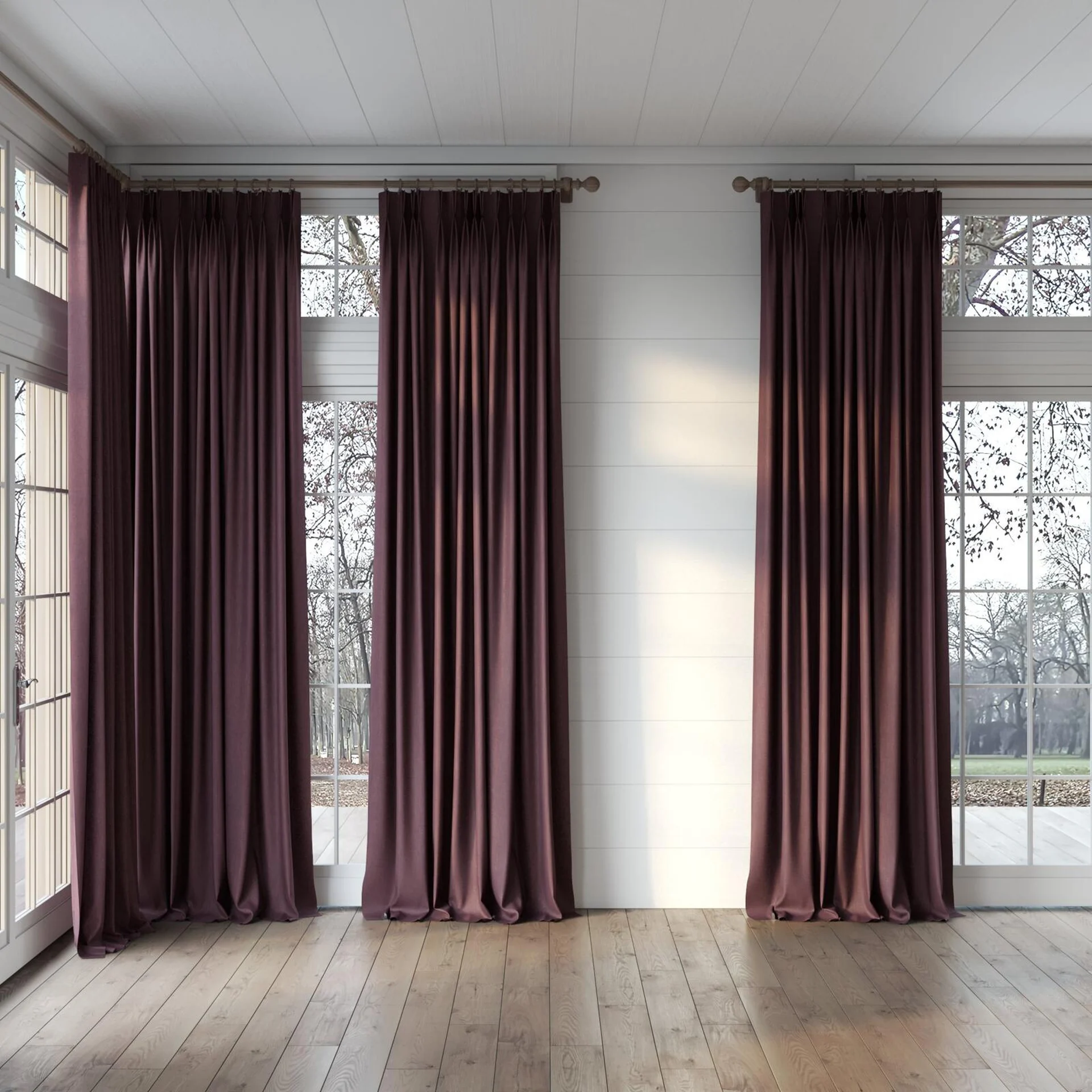 Full view of Perfecto Aubergine, puddled, on curtain rod