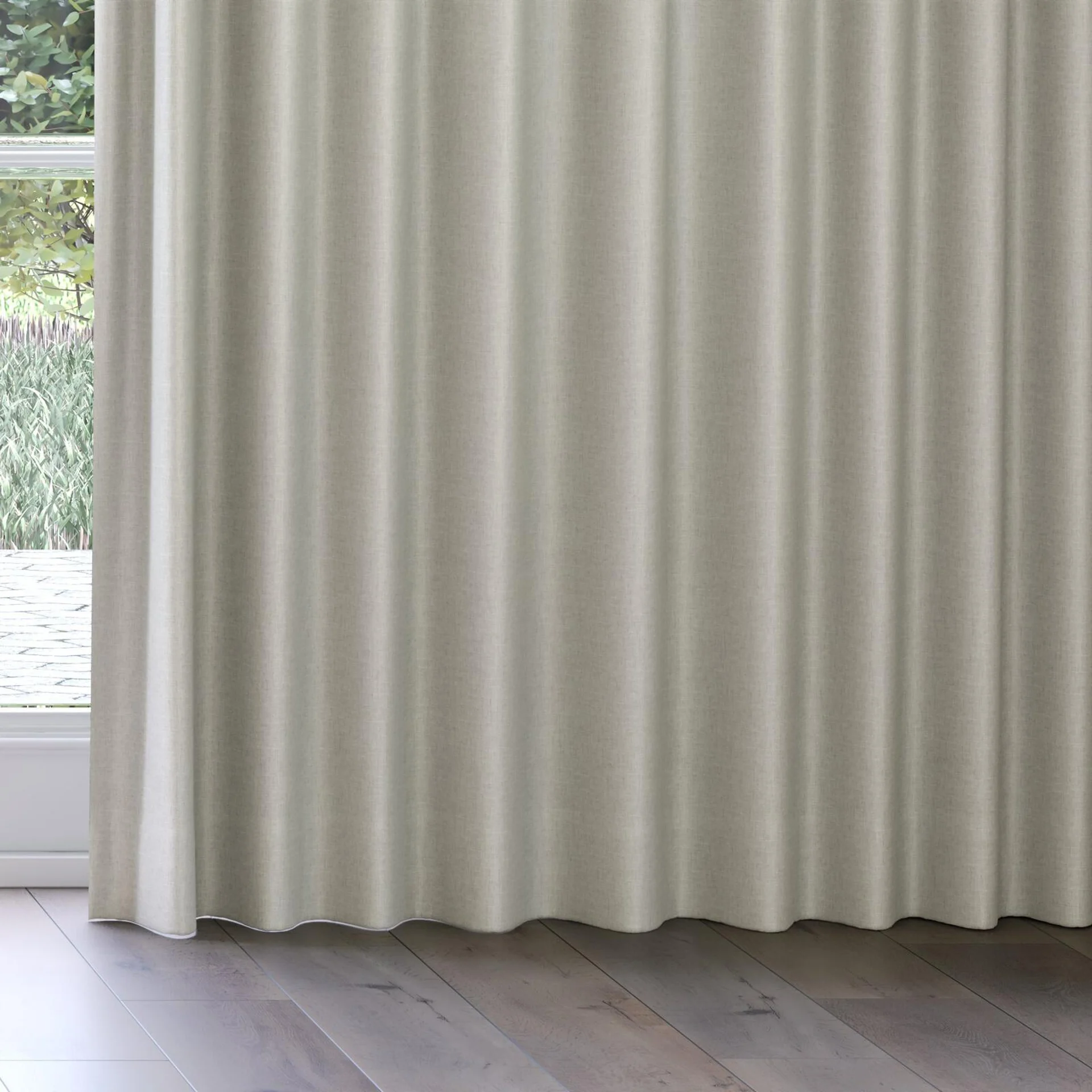 Bottom view of Stonewall Blackout Linen, on curtain rail