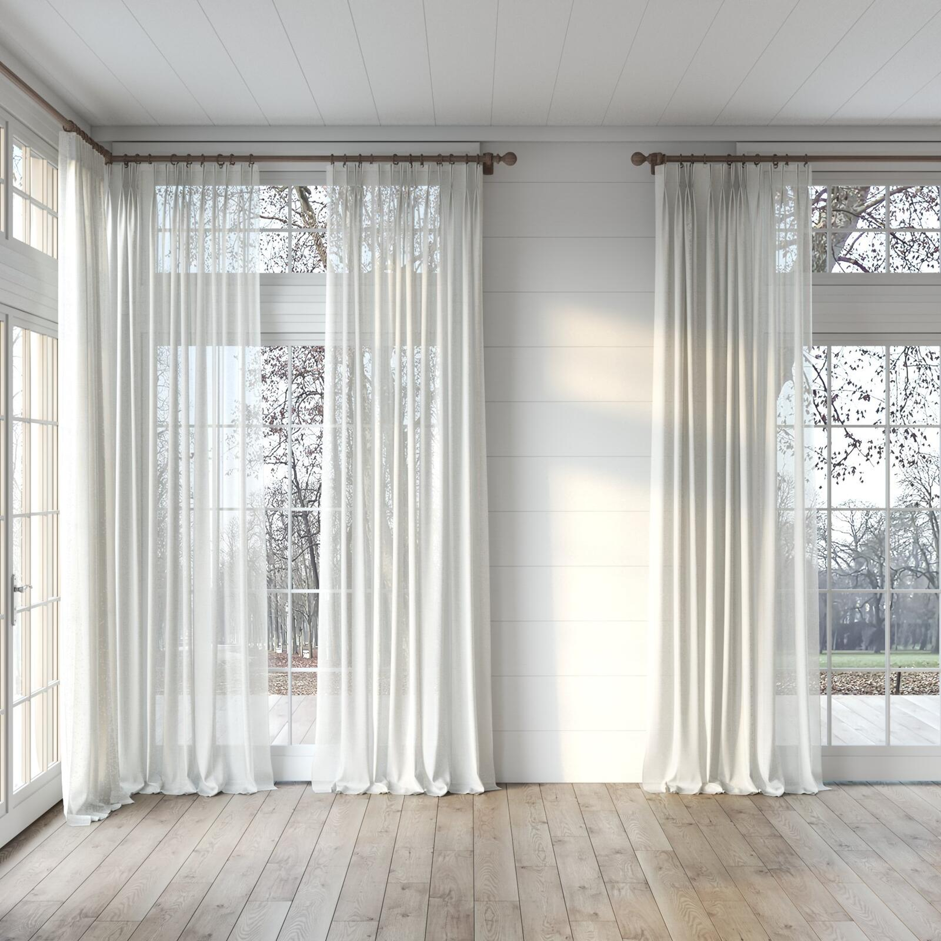 Full view of Rava Feather, puddled, on curtain rod