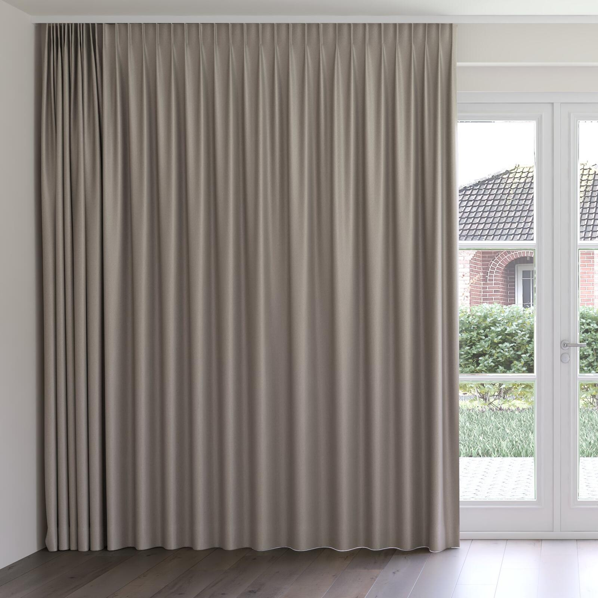 Front view of Taylor Oatmeal, on curtain rail