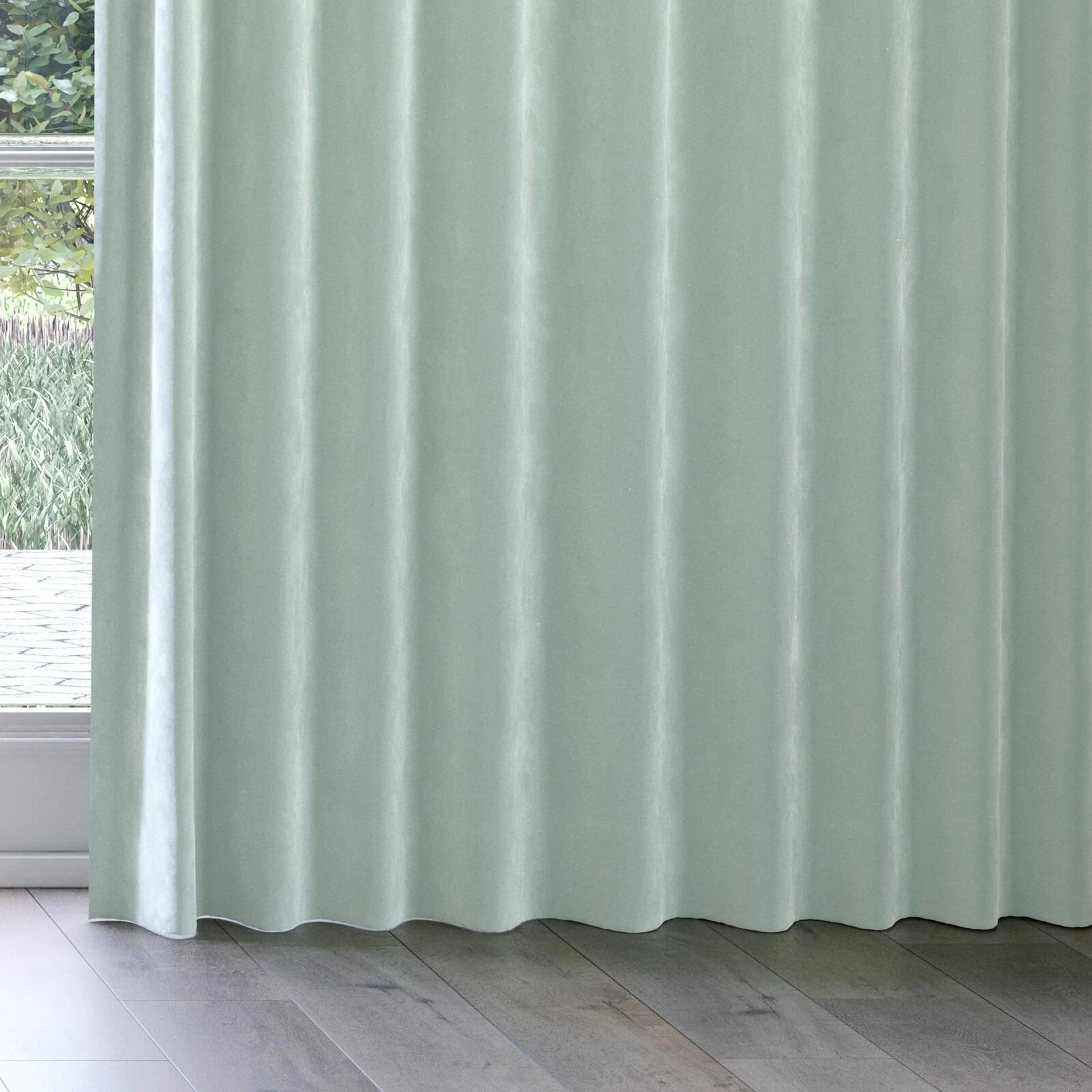 Bottom view of Lux Velvet Duckegg 8820, on curtain rail