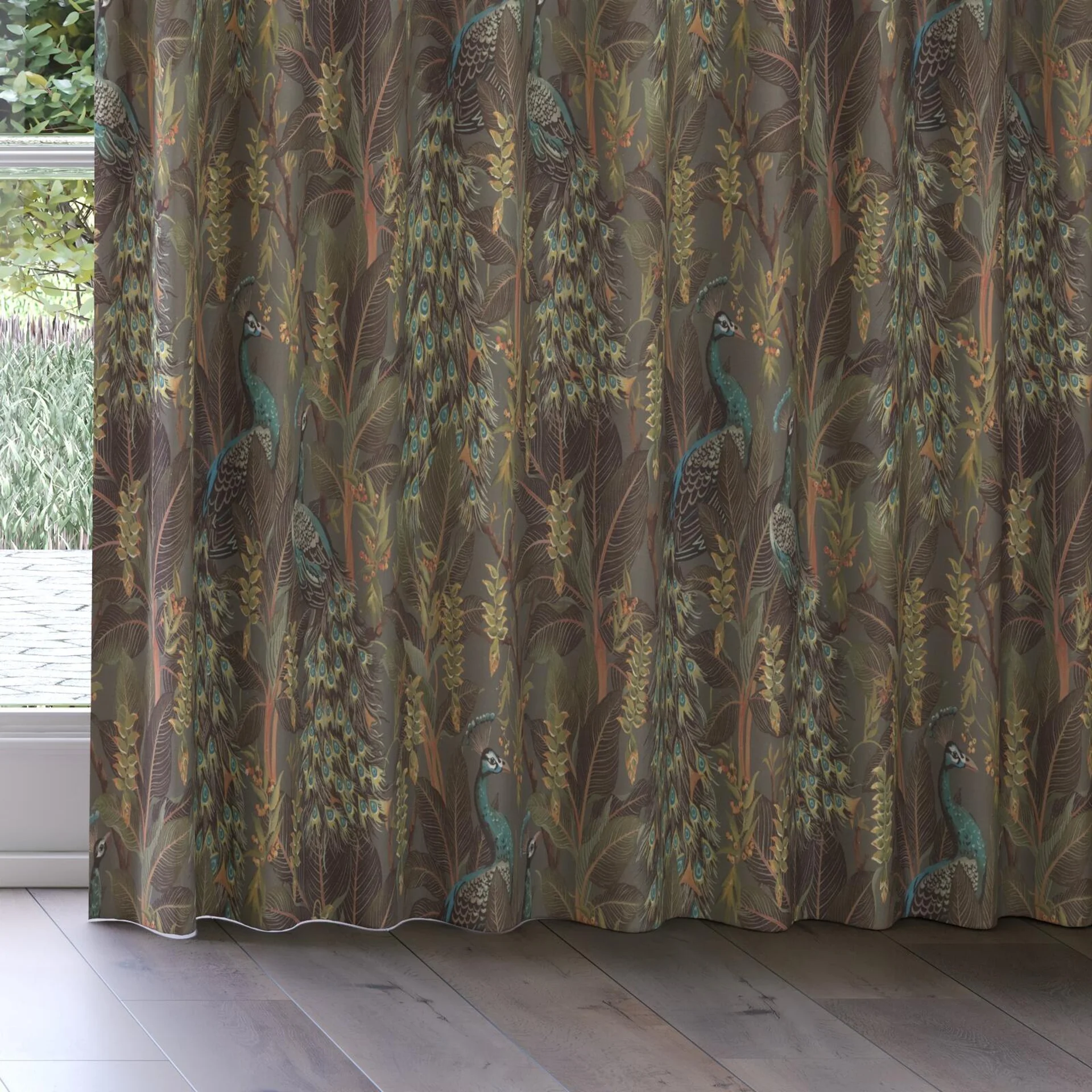 Bottom view of Royal Peacock Sepia, on curtain rail