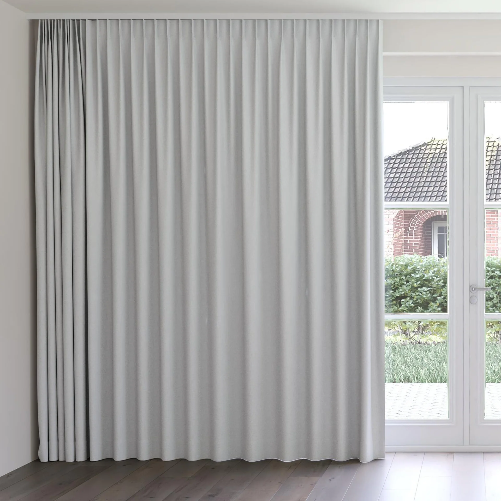 Front view of Obi Stonewash Cloud, on curtain rail