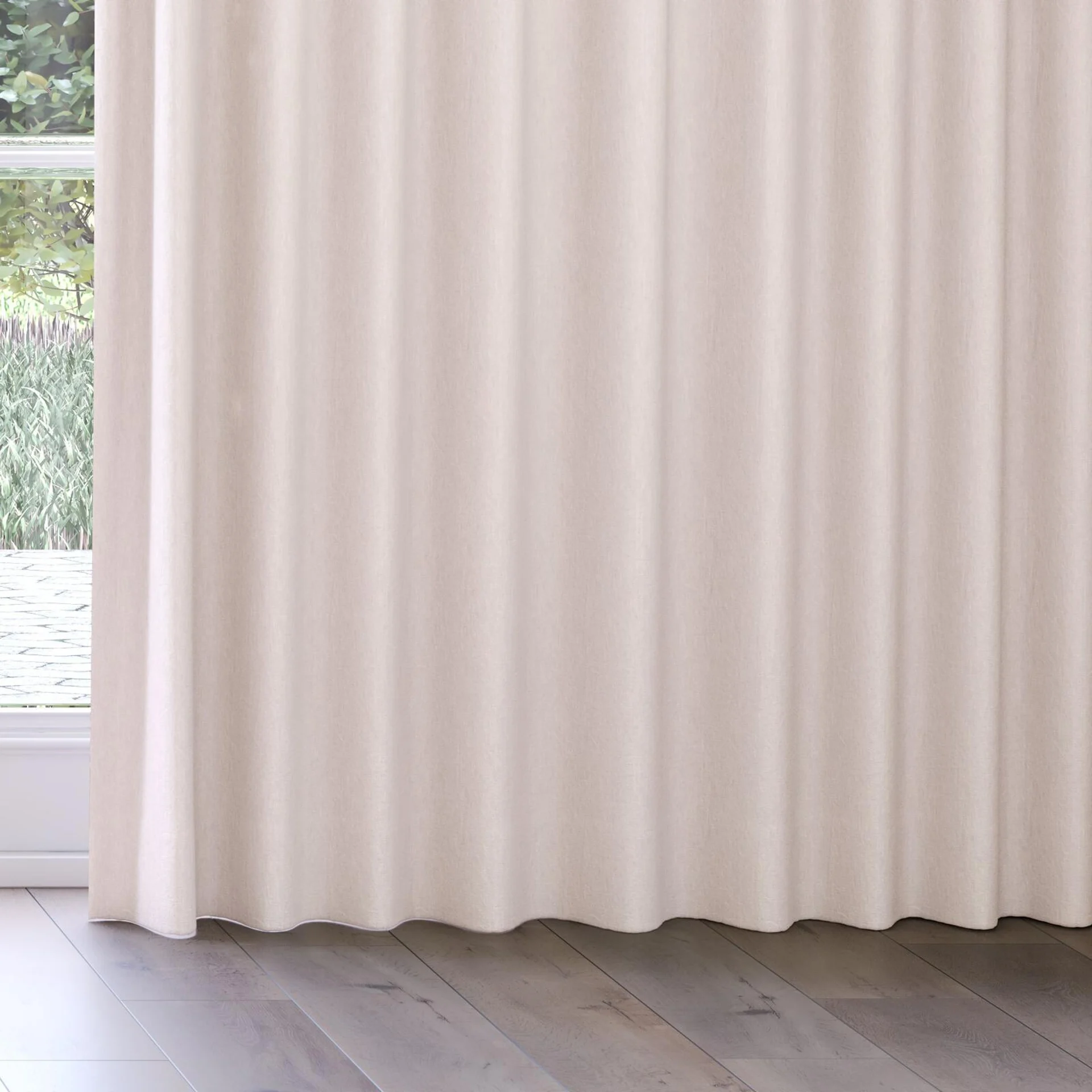 Bottom view of Obi Stonewash Peony, on curtain rail