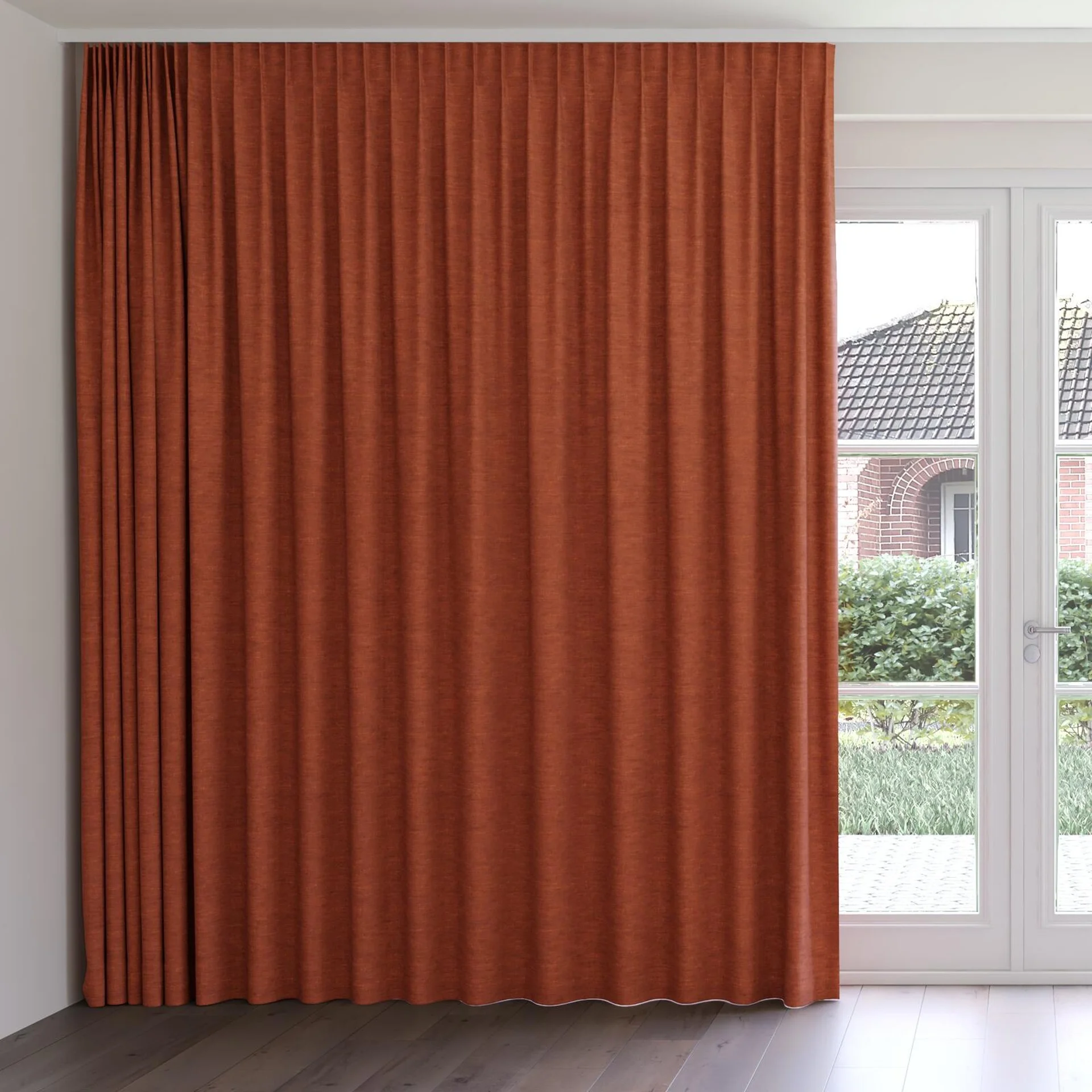 Front view of Venus Paprika, on curtain rail