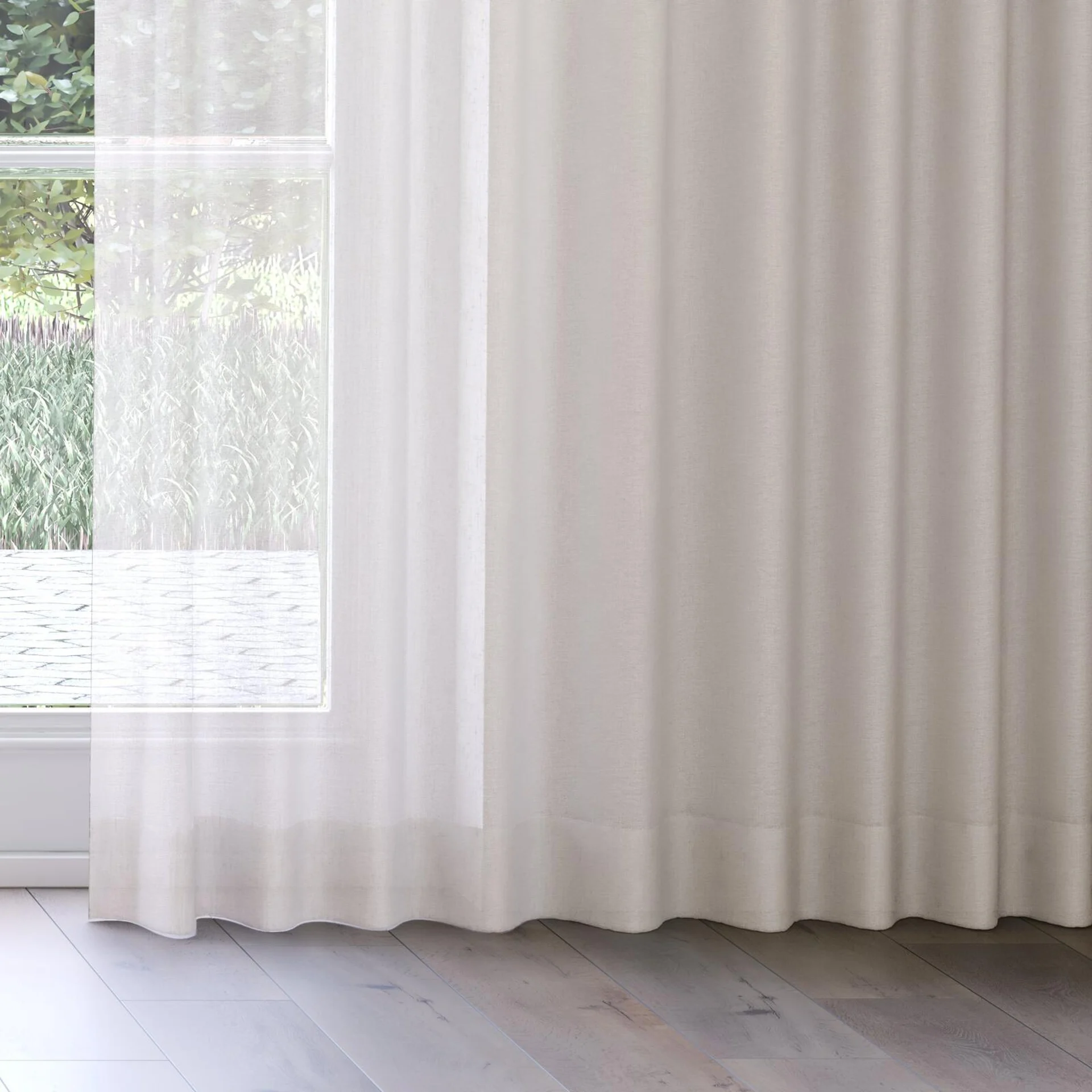 Bottom view of Cirrus Taupe, on curtain rail