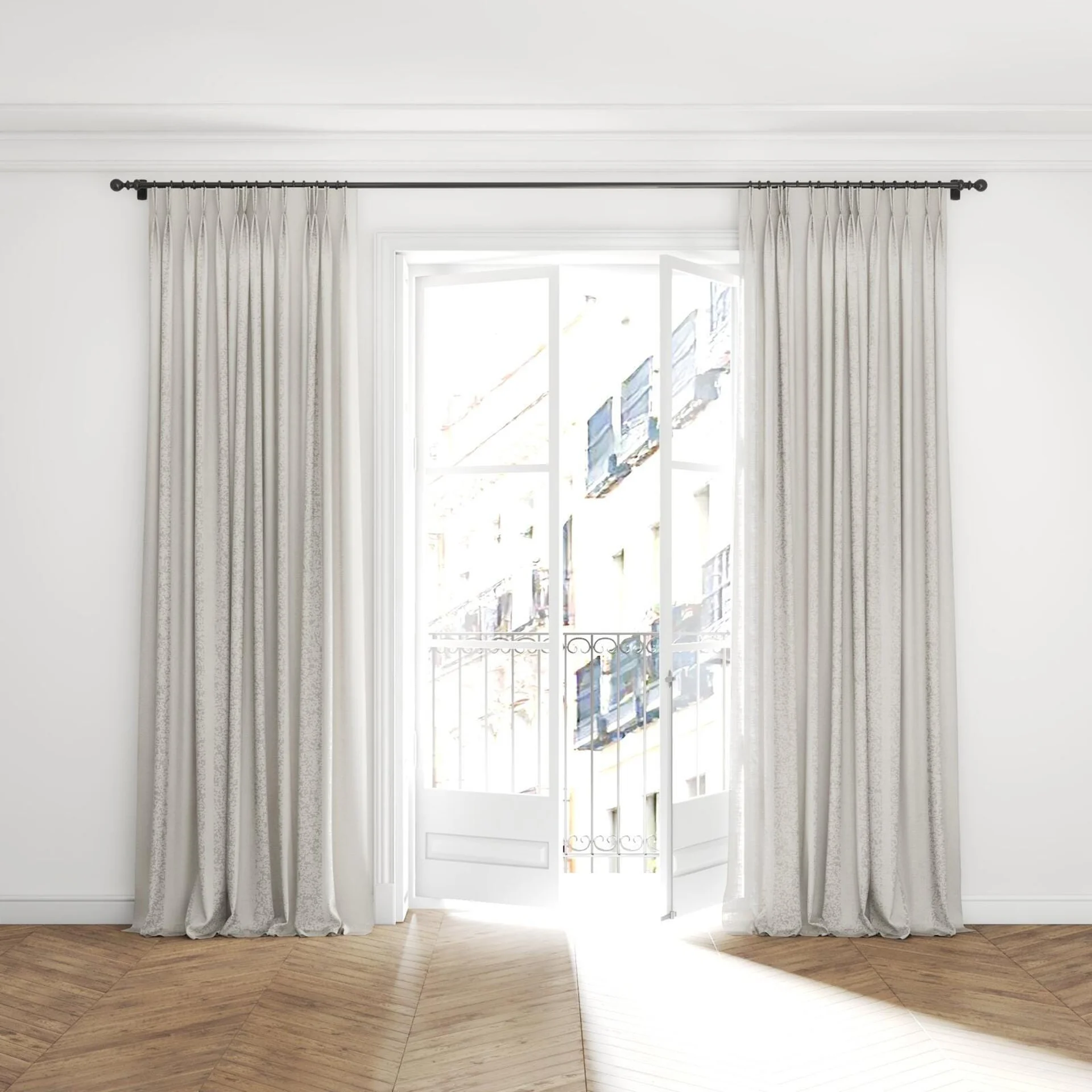 Full view of Adobe Bone, puddled with pinch pleat, on curtain rod