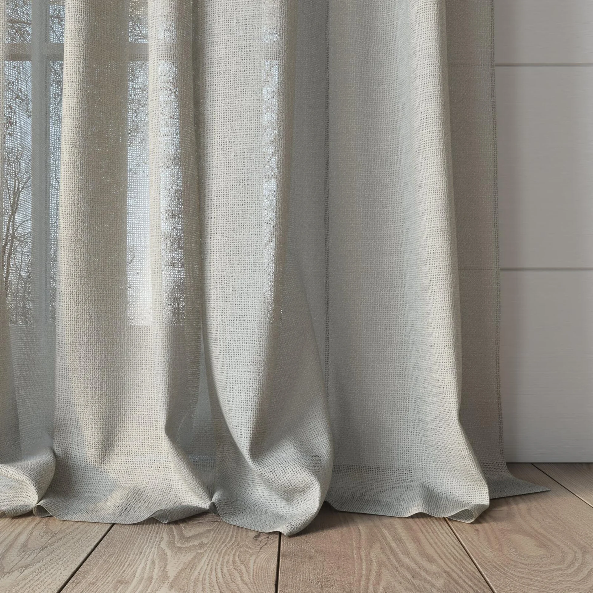 Bottom view of Statement Linen, puddled, on curtain rod