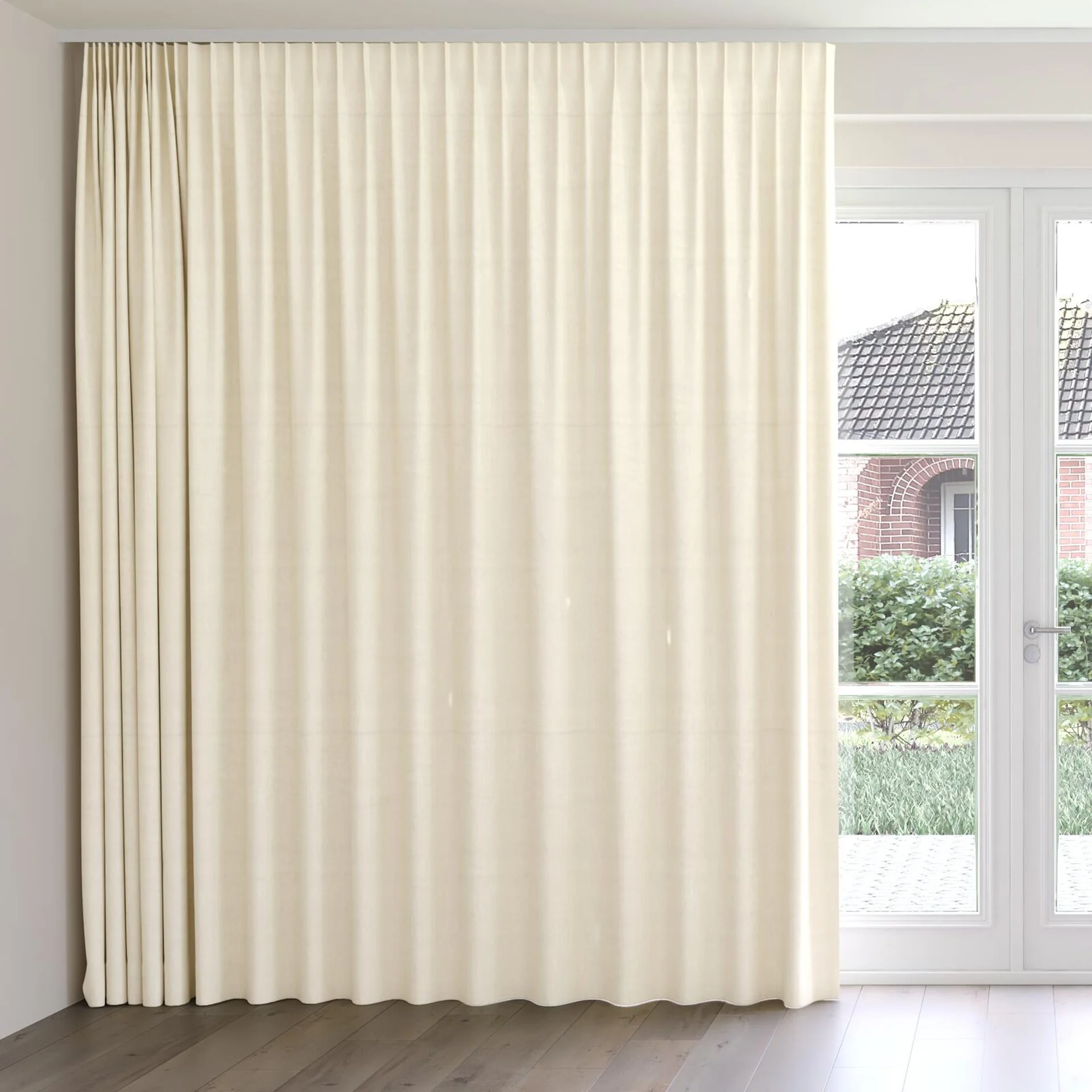 Front view of Warlock Ecru, on curtain rail