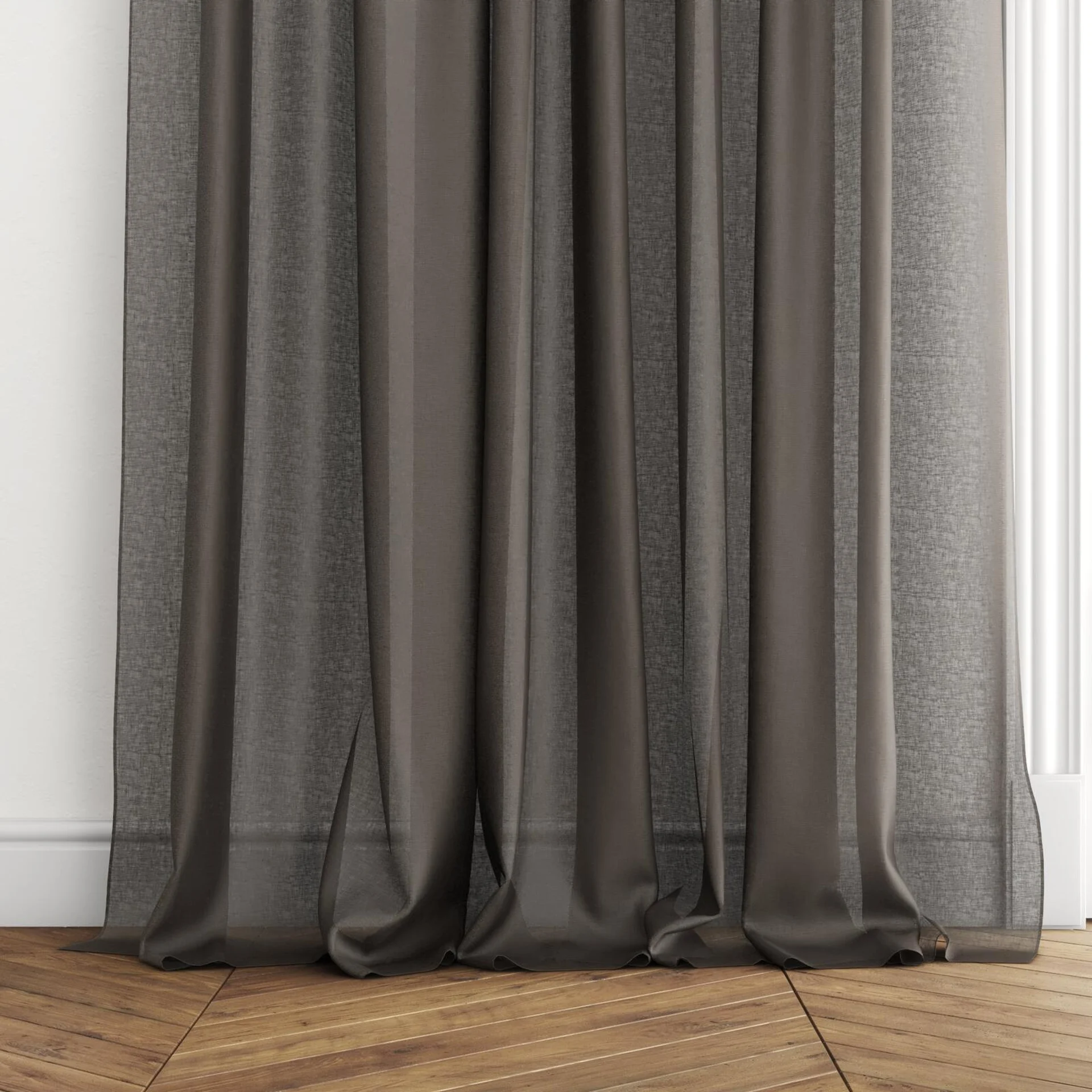 Bottom view of Kanso Stonewash Basalt, puddled with pinch pleat, on curtain rod