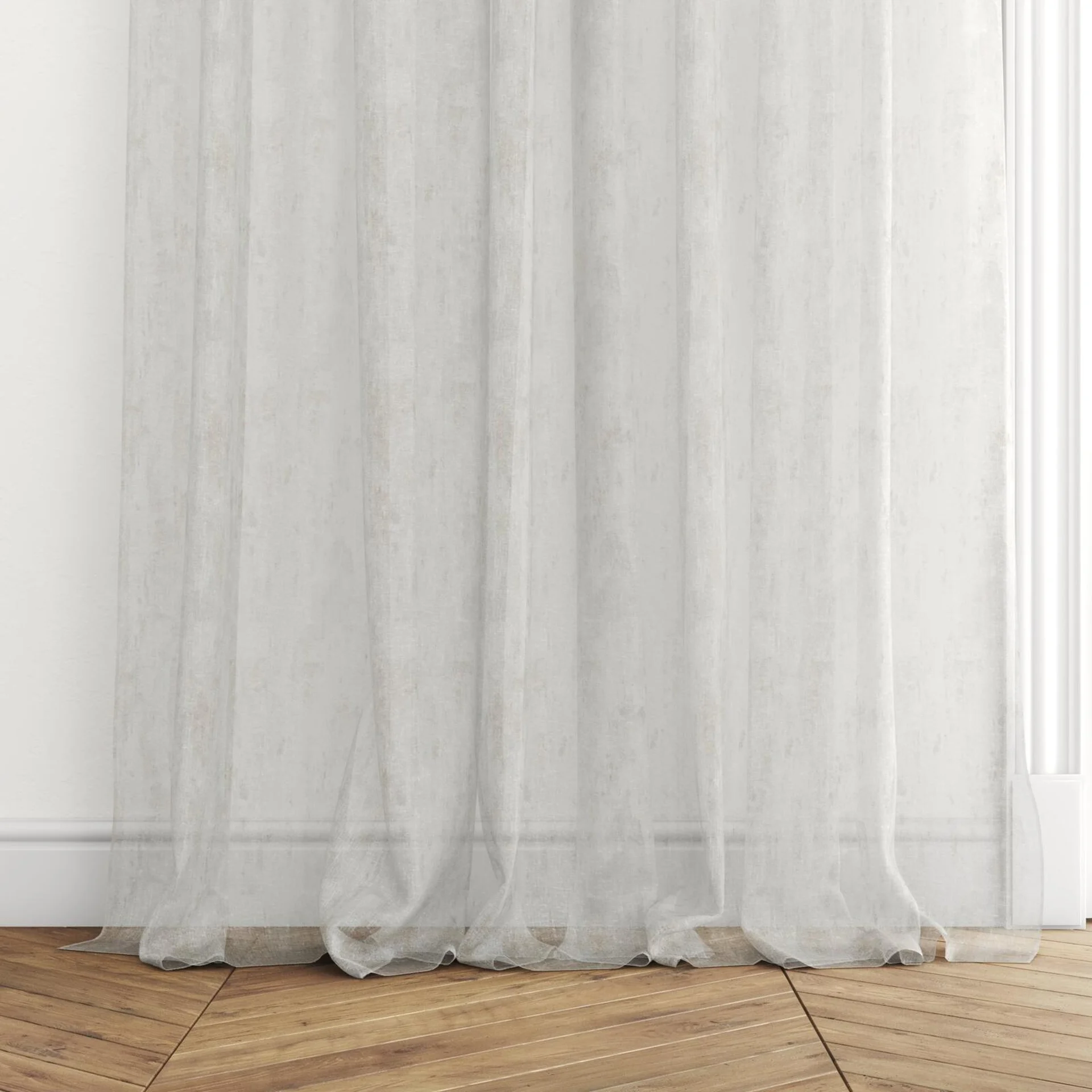 Bottom view of Tellaro Ice, puddled with pinch pleat, on curtain rod