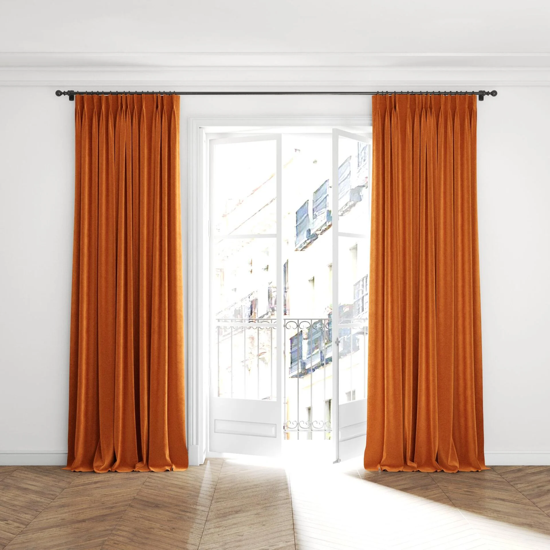 Full view of Geneva Pumpkin, puddled with pinch pleat, on curtain rod