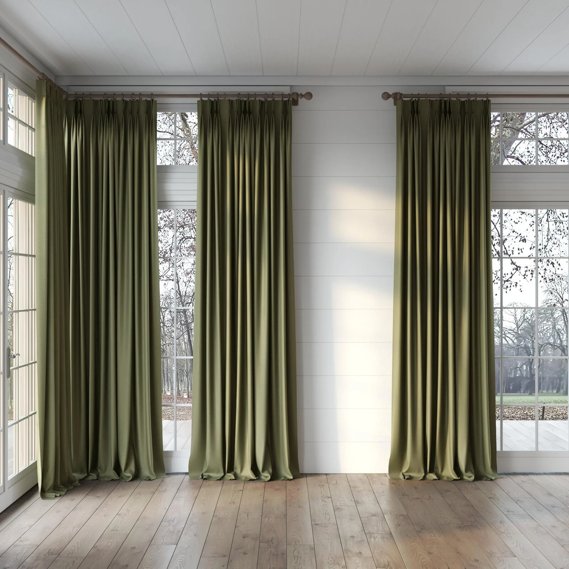 Full view of Banksia Moss, puddled, on curtain rod