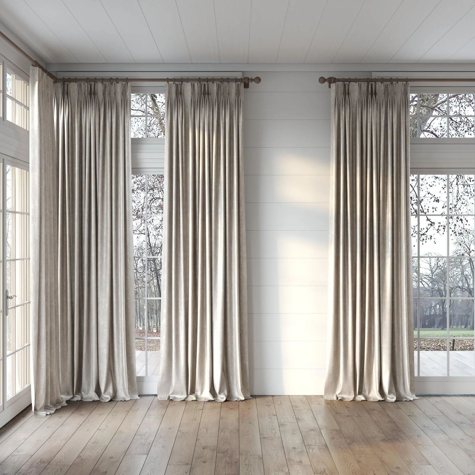 Full view of Nominee Dune, puddled, on curtain rod