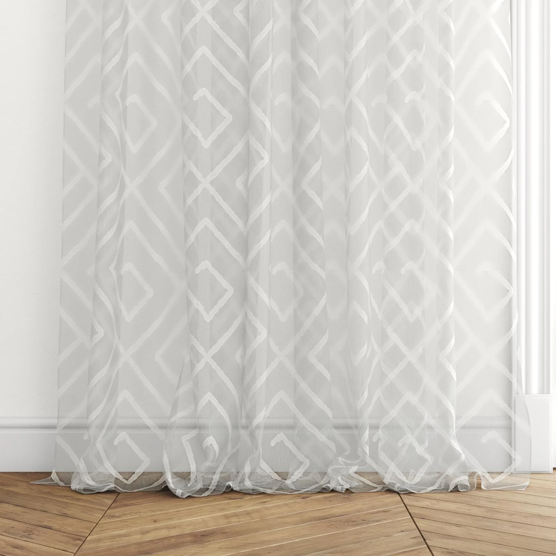 Bottom view of Dadaism Snow, puddled with pinch pleat, on curtain rod