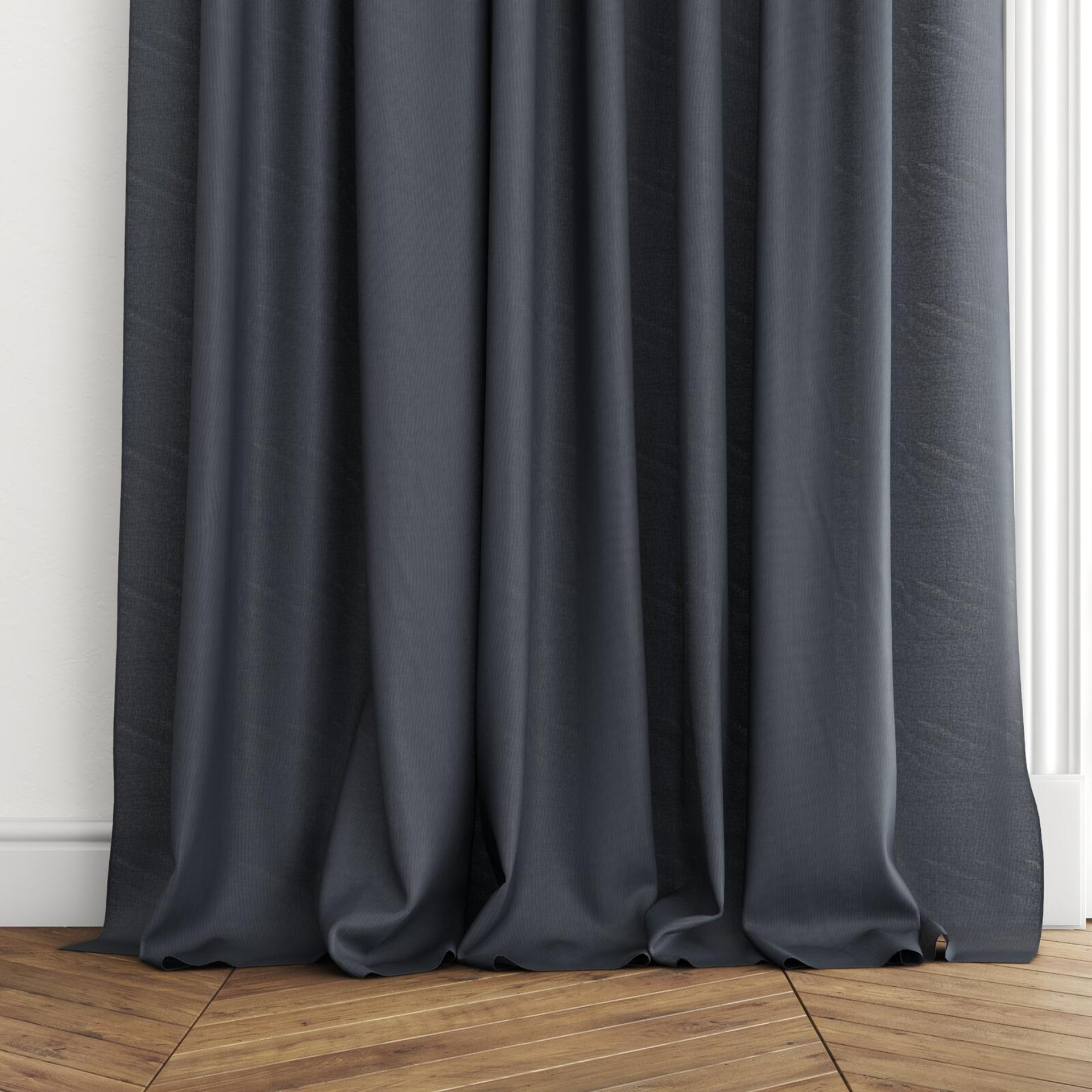 Bottom view of Jaba Onyx, puddled with pinch pleat, on curtain rod