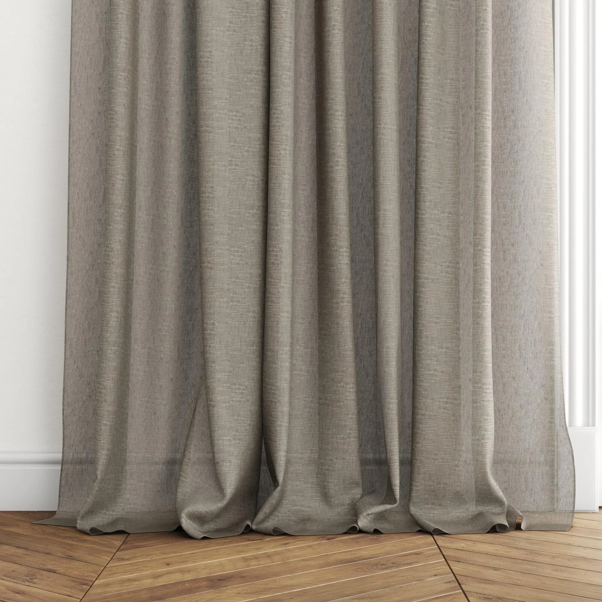 Bottom view of Laconia Air Metal, puddled with pinch pleat, on curtain rod
