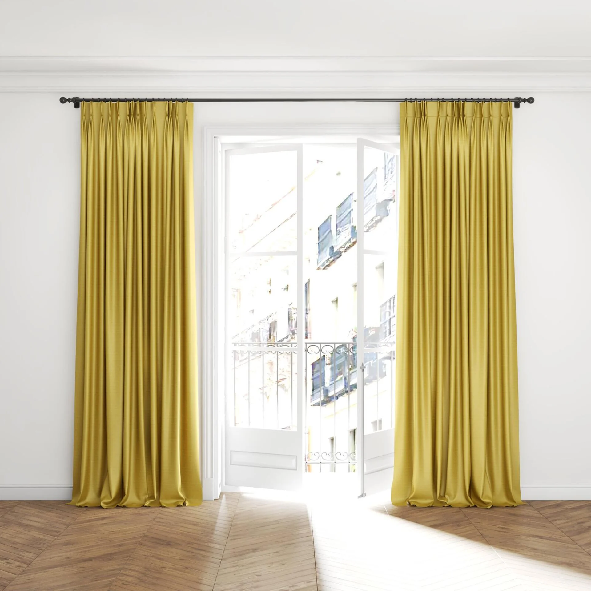 Full view of Silky Freesia, puddled with pinch pleat, on curtain rod