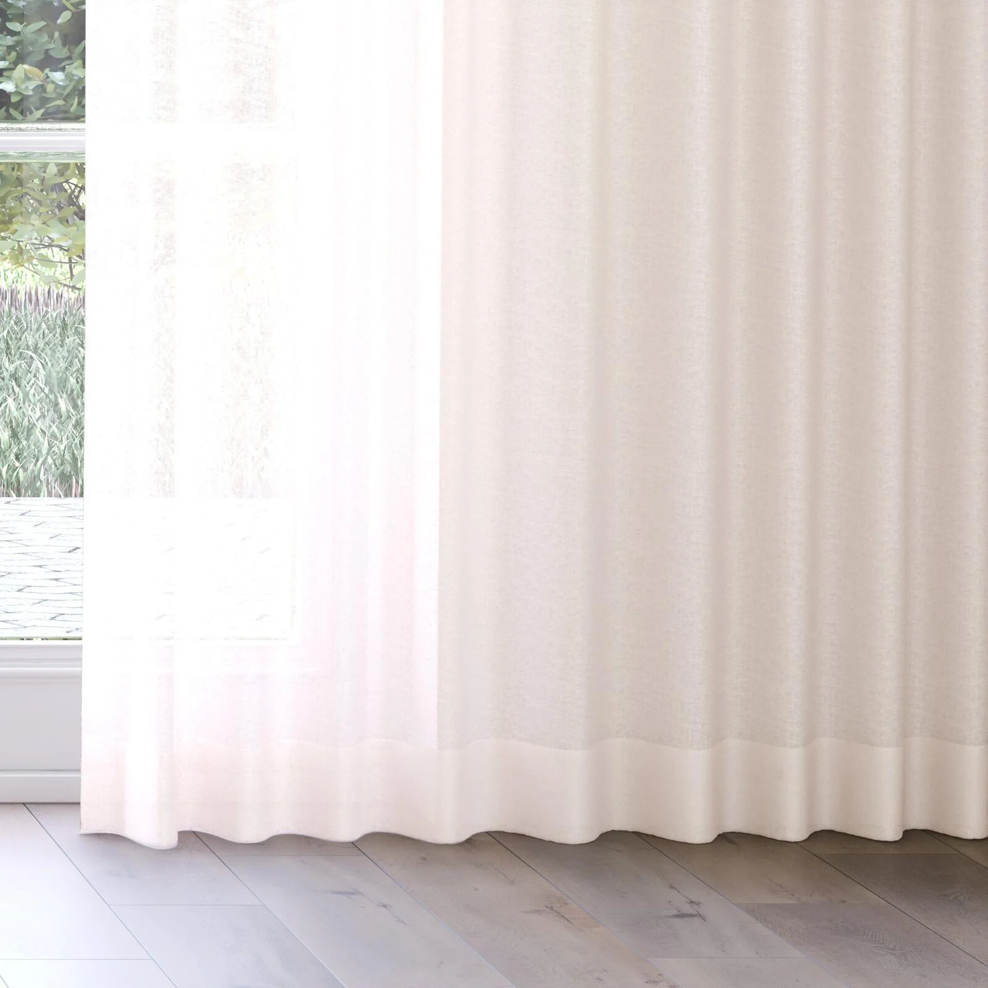 Bottom view of Kanso Stonewash Blush, on curtain rail