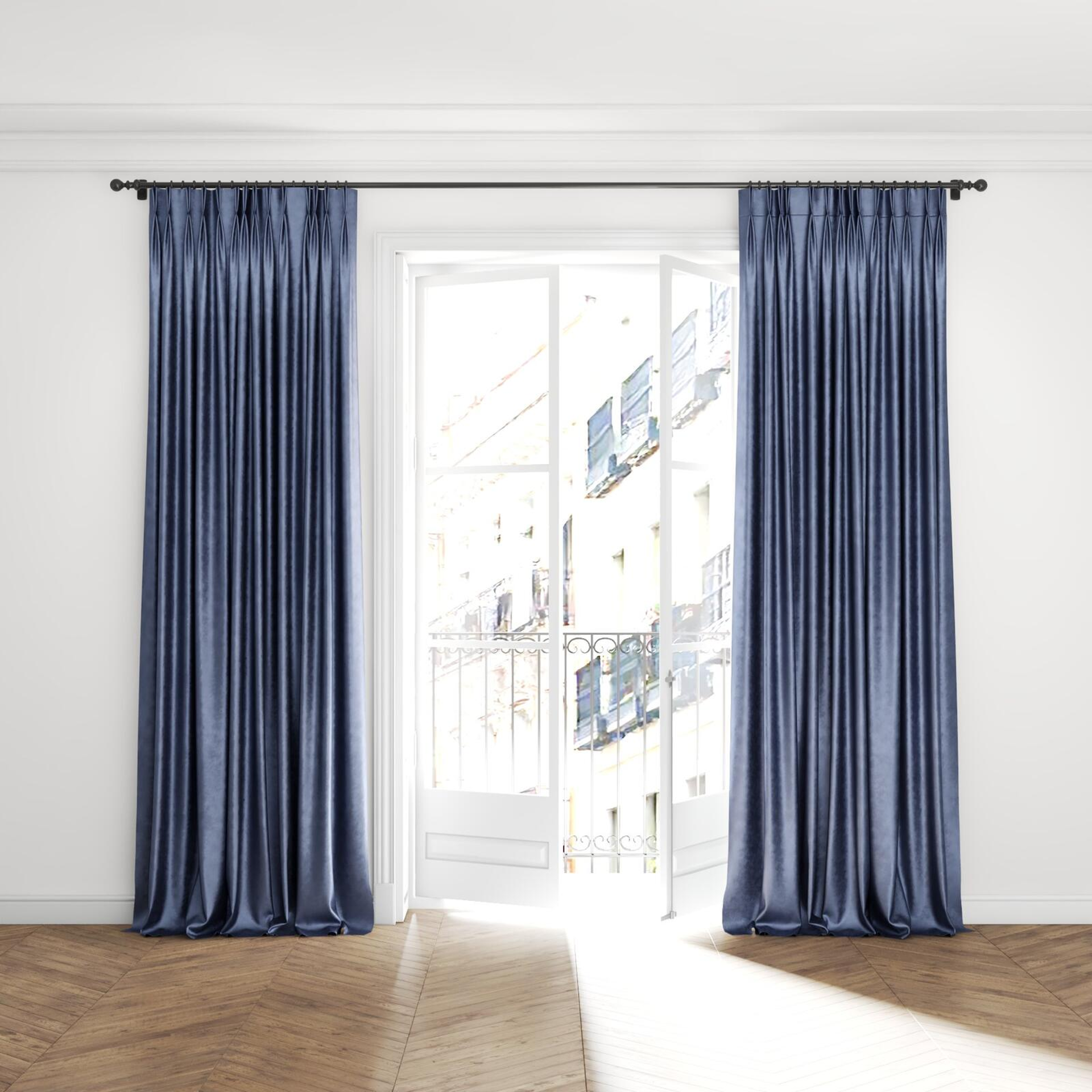 Full view of Fizz Night, puddled with pinch pleat, on curtain rod