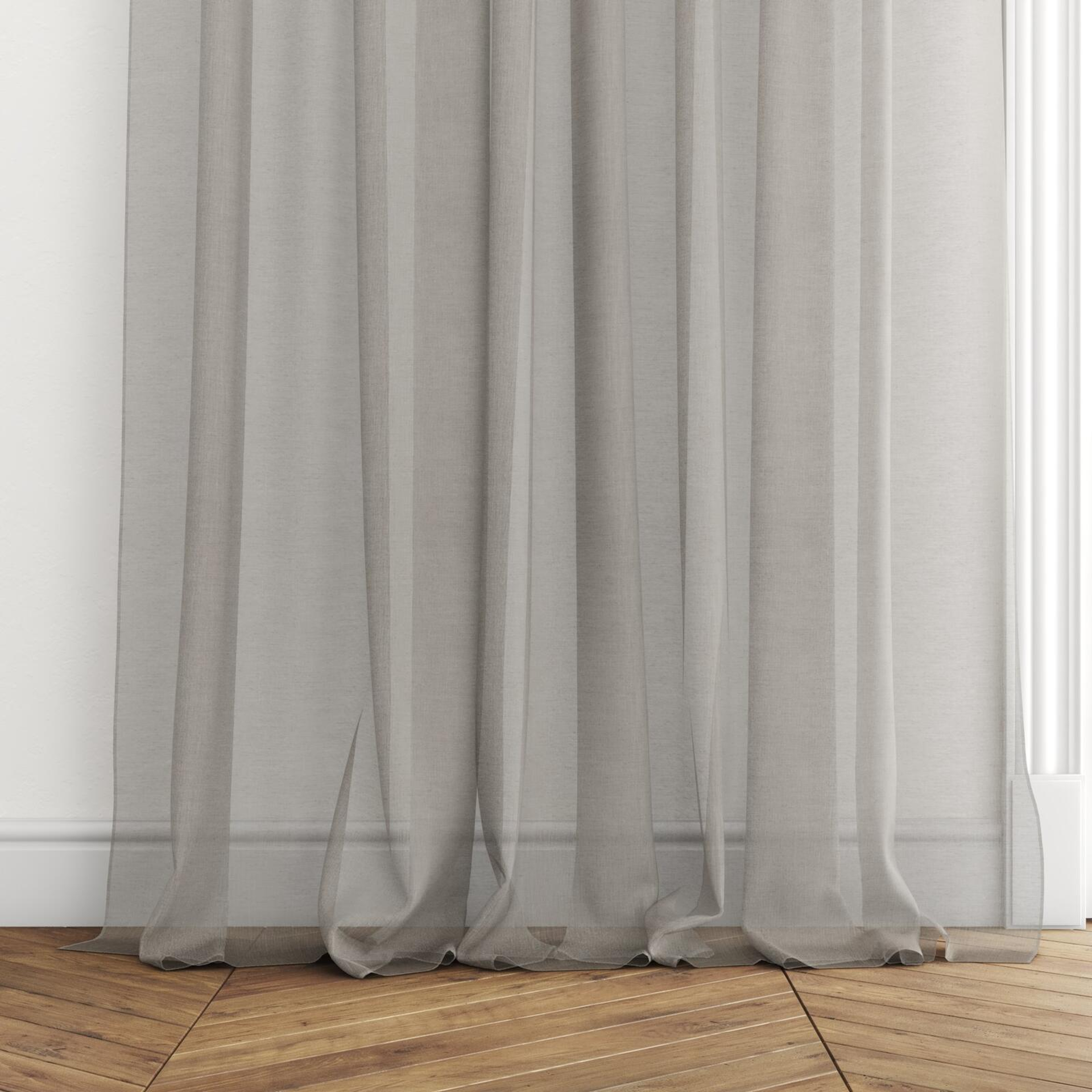 Bottom view of Audiance Pewter, puddled with pinch pleat, on curtain rod