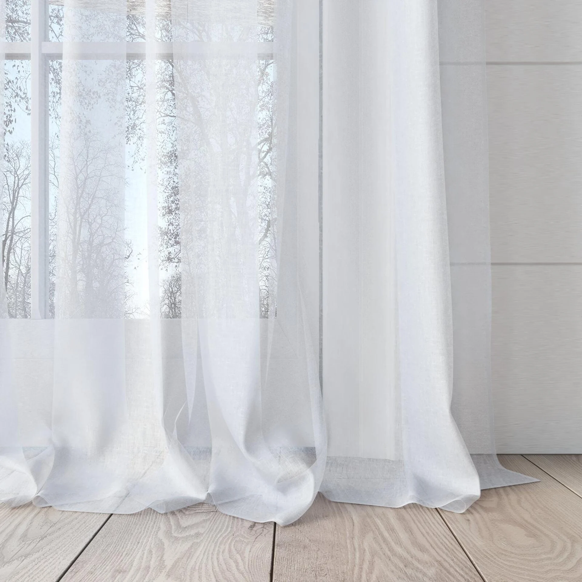 Bottom view of Reverie Snow, puddled, on curtain rod