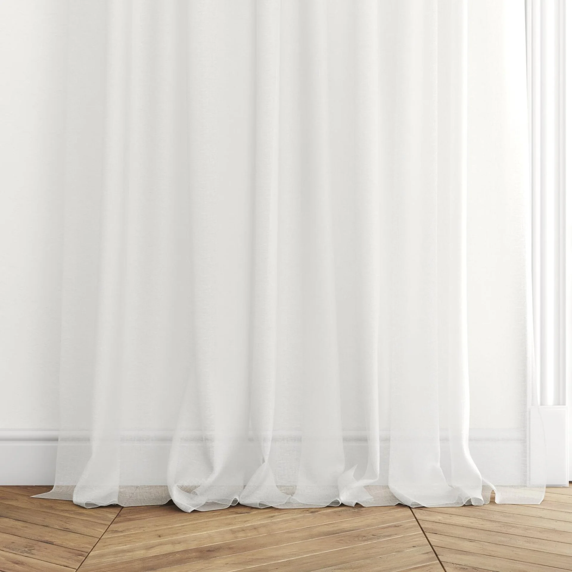 Bottom view of Hugo Ivory, puddled with pinch pleat, on curtain rod