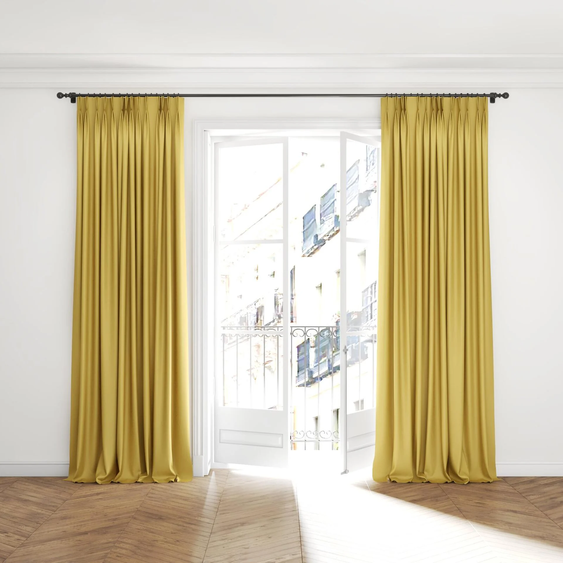 Full view of Grove Mimosa, puddled with pinch pleat, on curtain rod