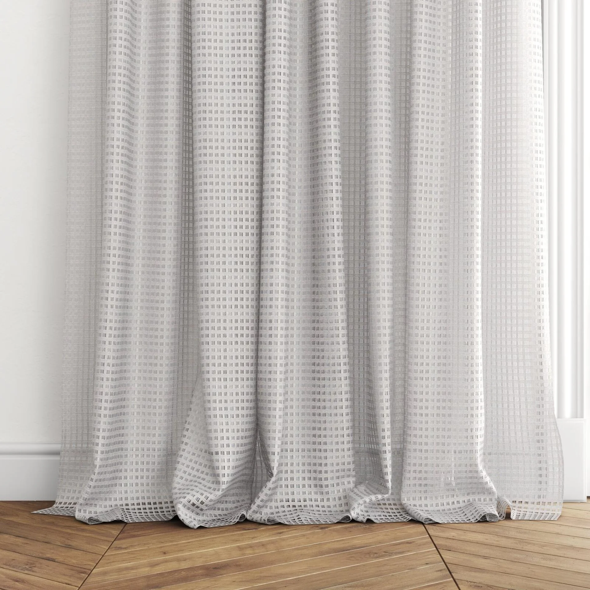Bottom view of Bryce Flint, puddled with pinch pleat, on curtain rod