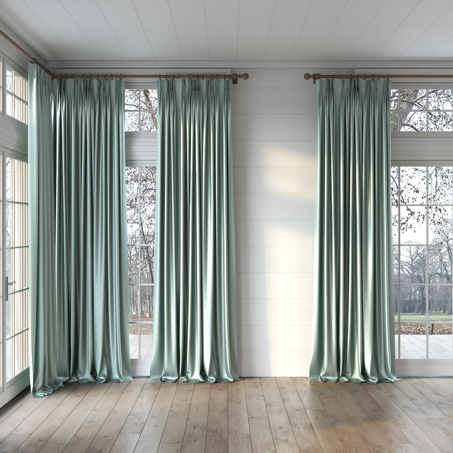 Full view of North Face Mineral, puddled, on curtain rod