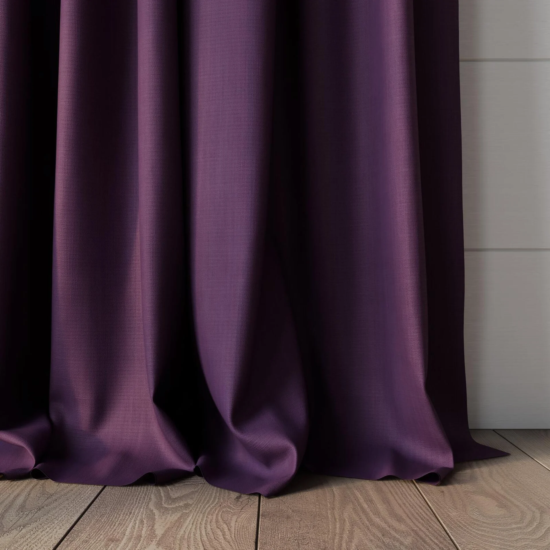 Bottom view of Lexicon Amethyst, puddled, on curtain rod