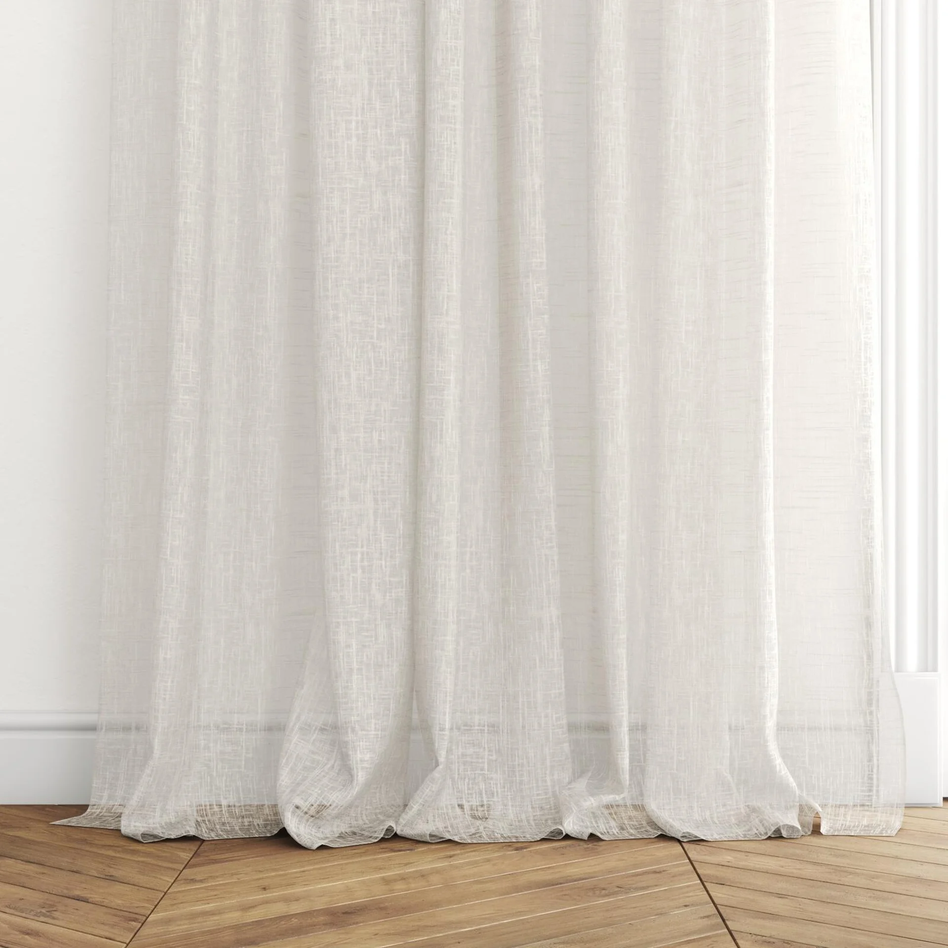 Bottom view of Beech Sand, puddled with pinch pleat, on curtain rod