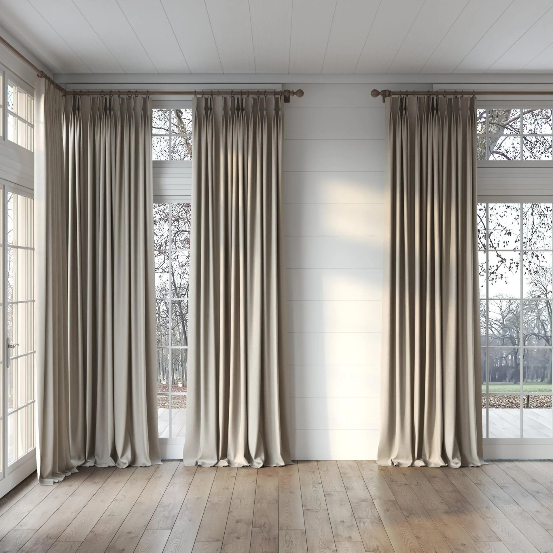 Full view of Recharge Linen, puddled, on curtain rod