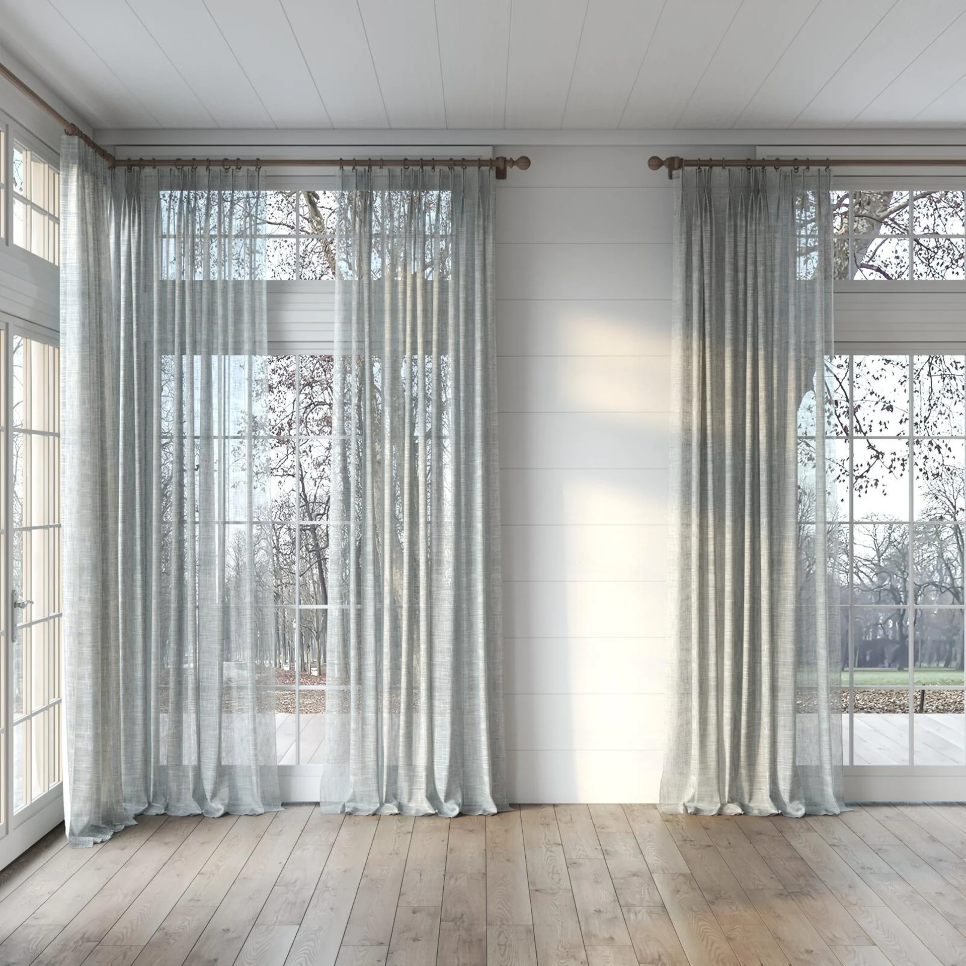 Full view of Zip Shadow, puddled, on curtain rod