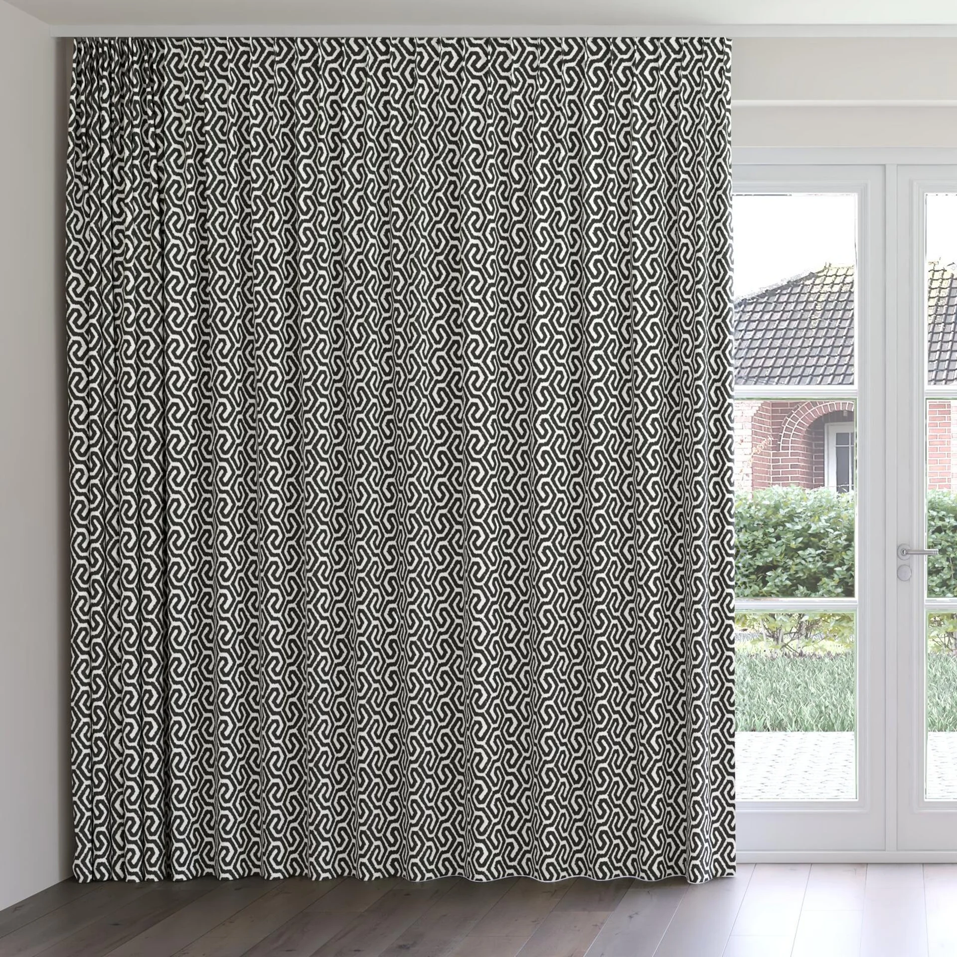 Front view of Comdeca Liquorice, on curtain rail
