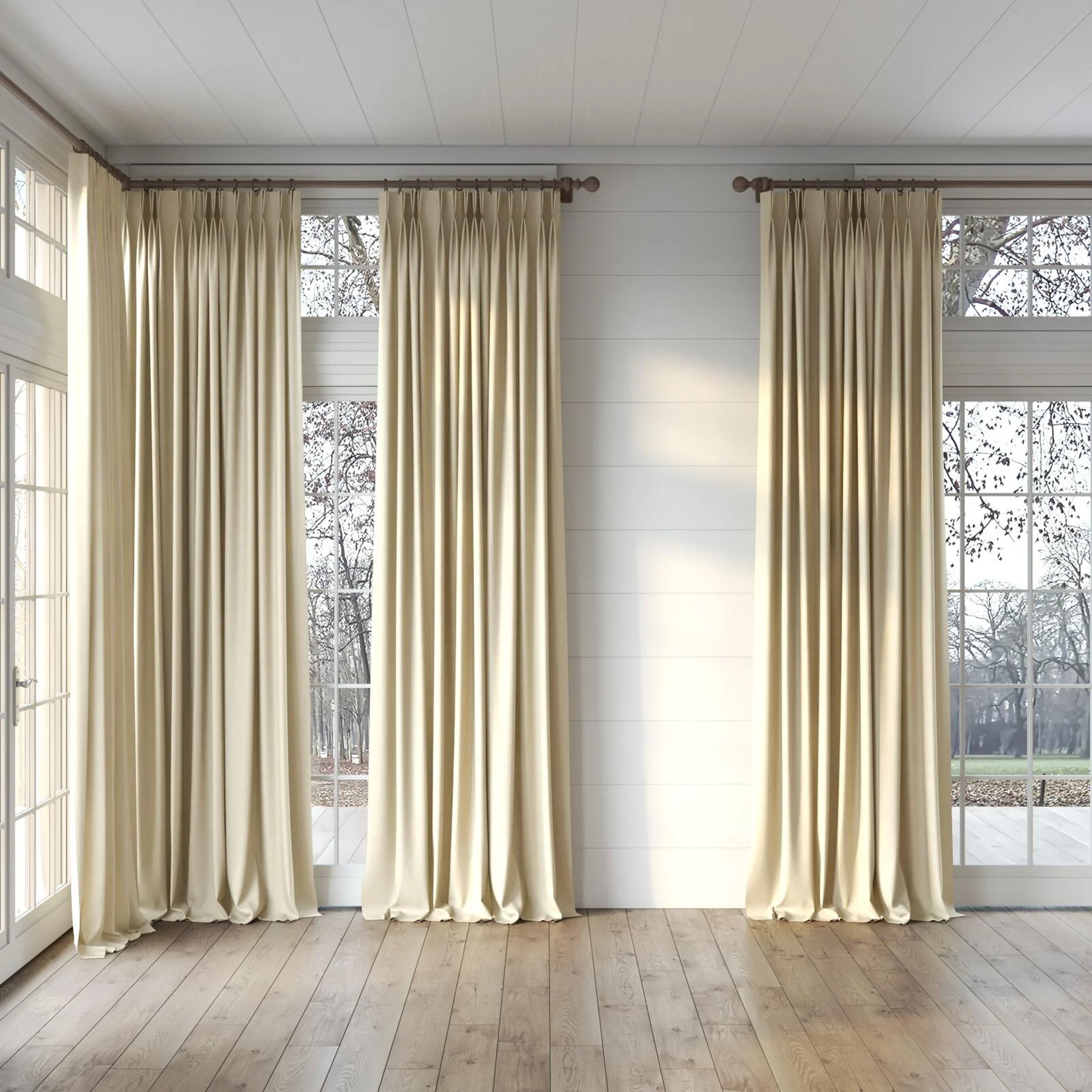 Full view of Bronco Raffia, puddled, on curtain rod