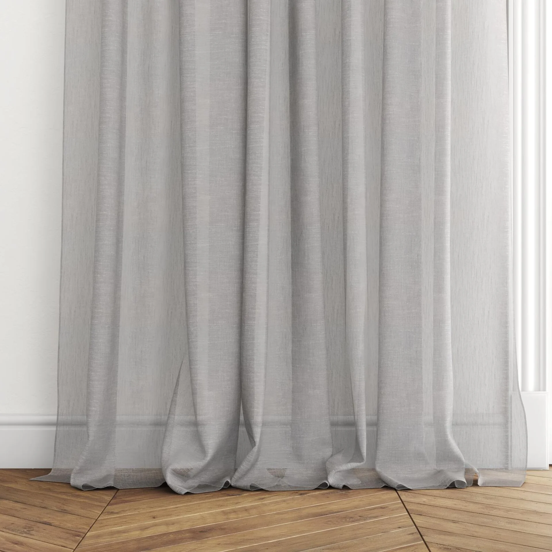 Bottom view of Natura Recycled Zinc, puddled with pinch pleat, on curtain rod