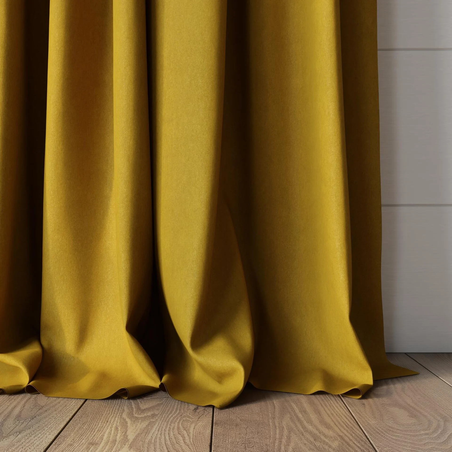 Bottom view of Lech Mustard, puddled, on curtain rod