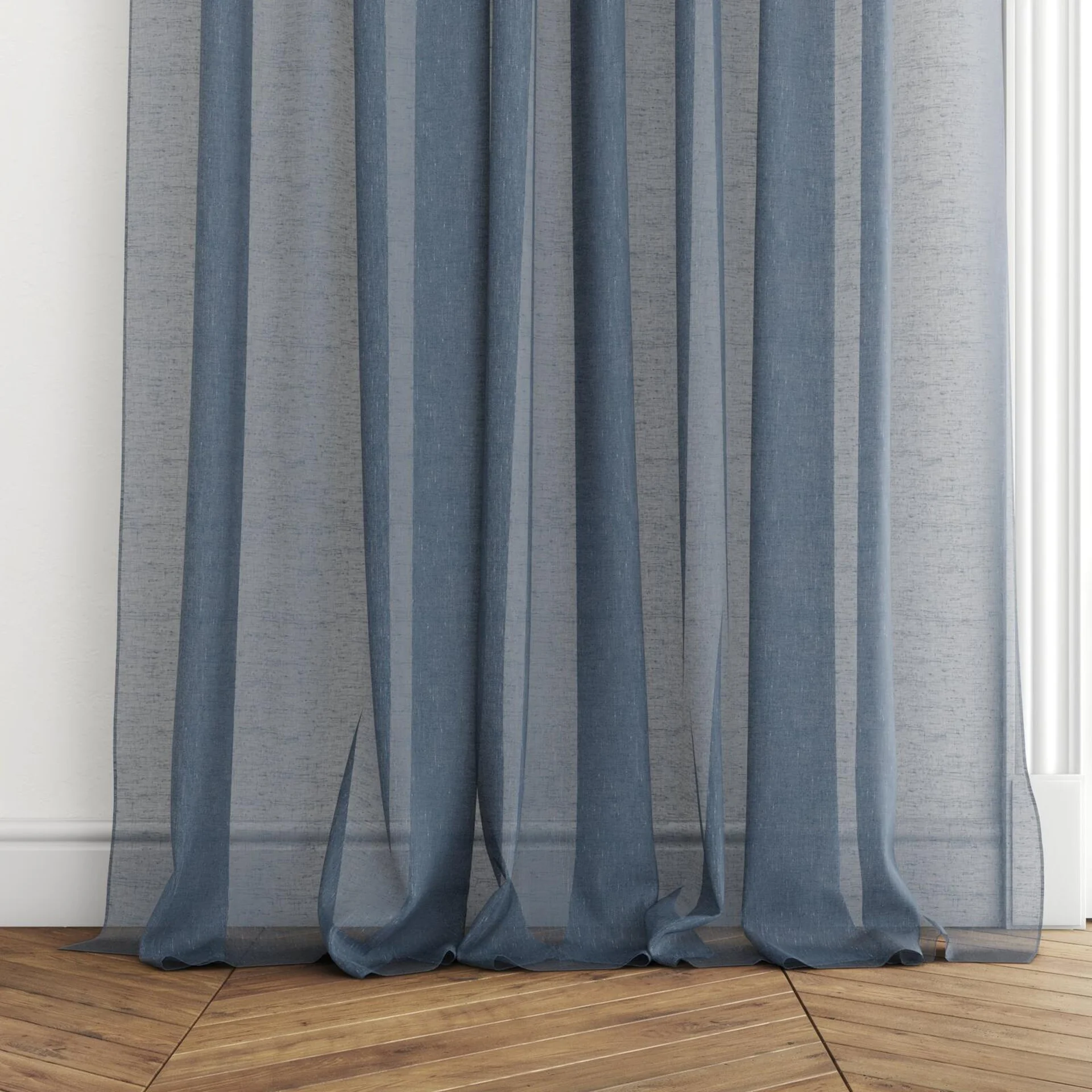 Bottom view of Graceful Denim, puddled with pinch pleat, on curtain rod