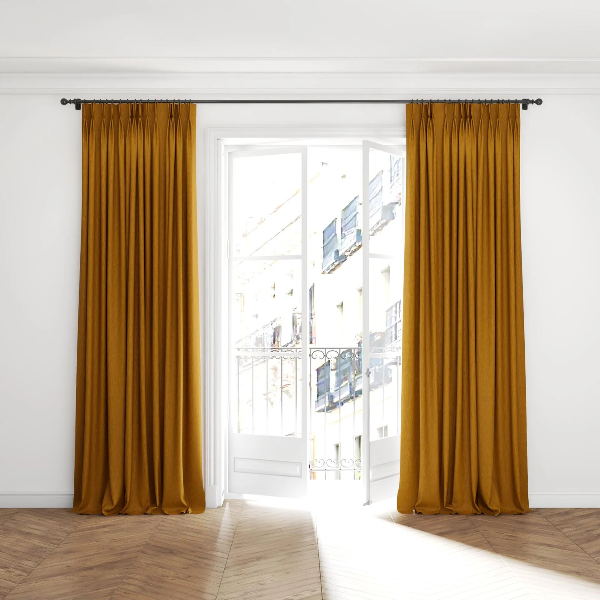 Full view of Tuxedo Nugget, puddled with pinch pleat, on curtain rod