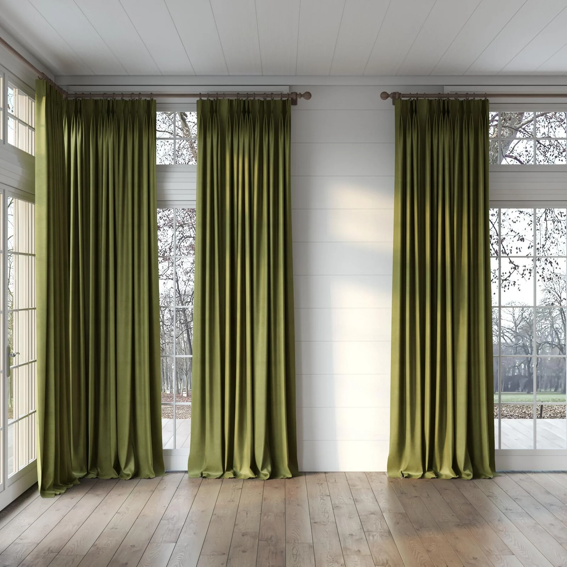 Full view of Baron Olive, puddled, on curtain rod