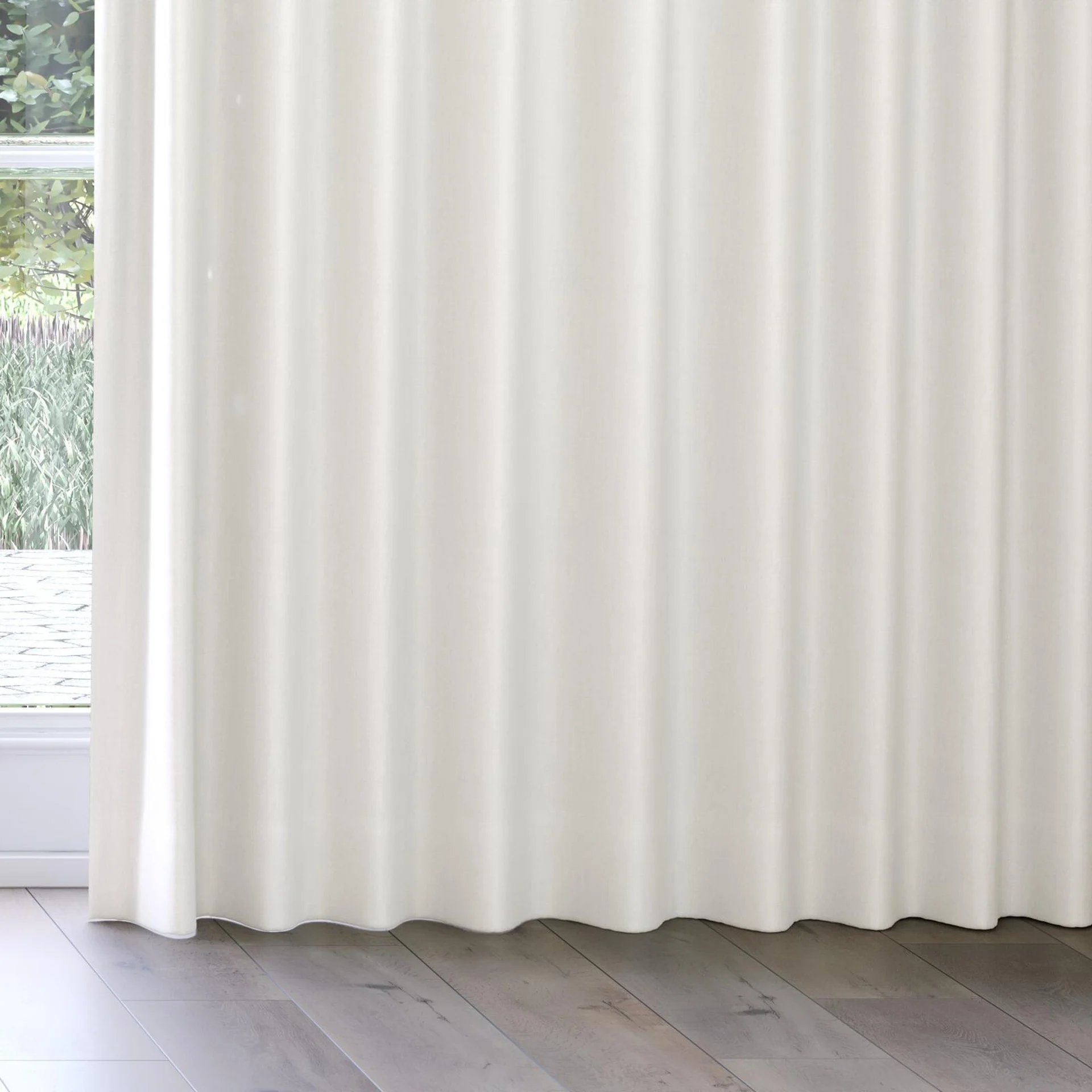 Bottom view of Retreat Blackout Shell, on curtain rail