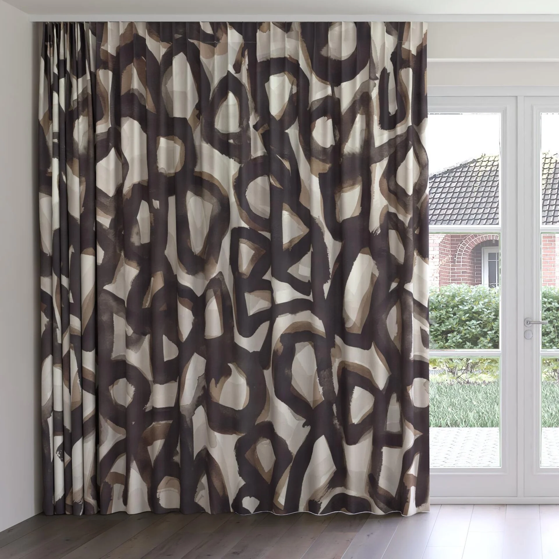 Front view of Abstraction Basalt, on curtain rail
