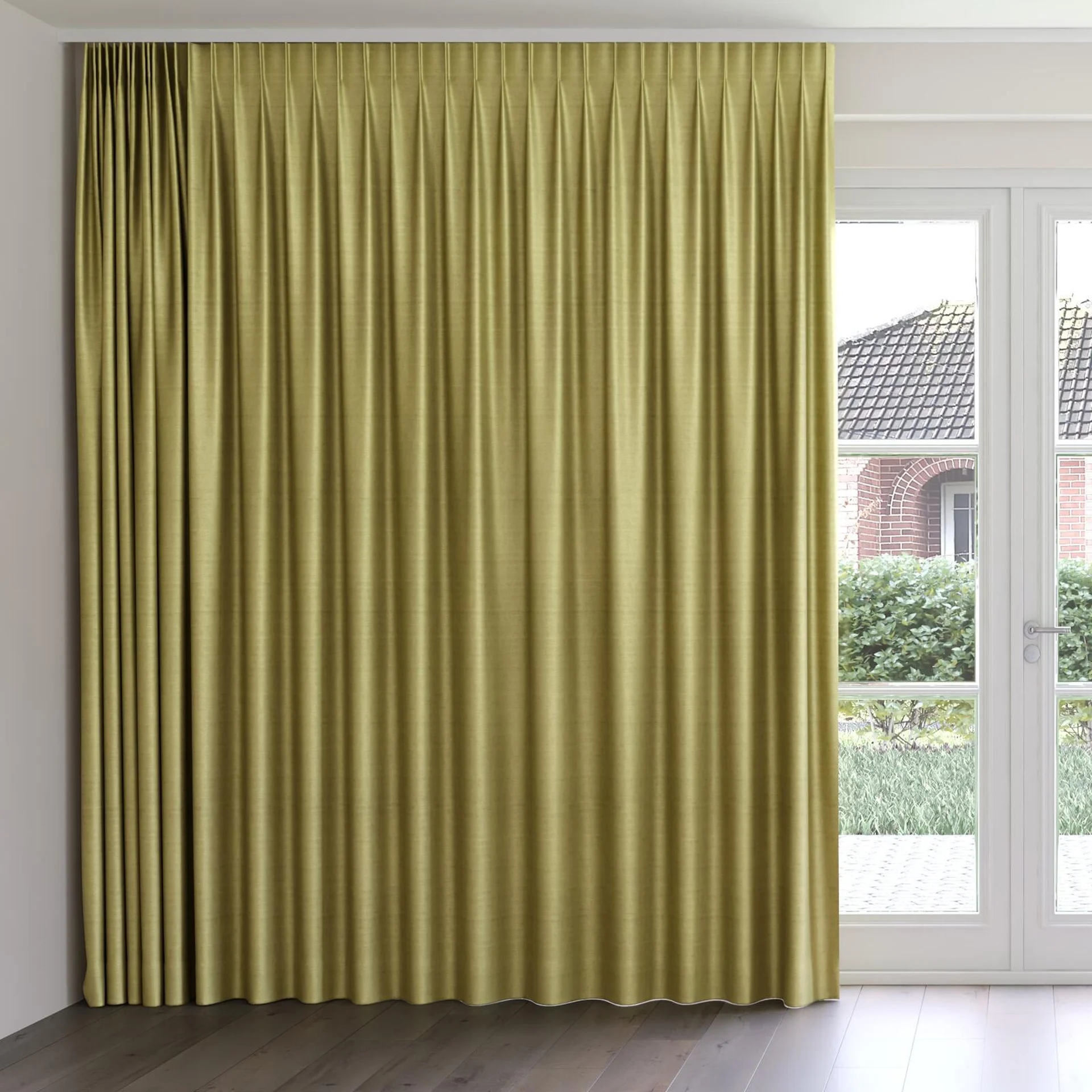 Front view of Zircon Pistachio, on curtain rail
