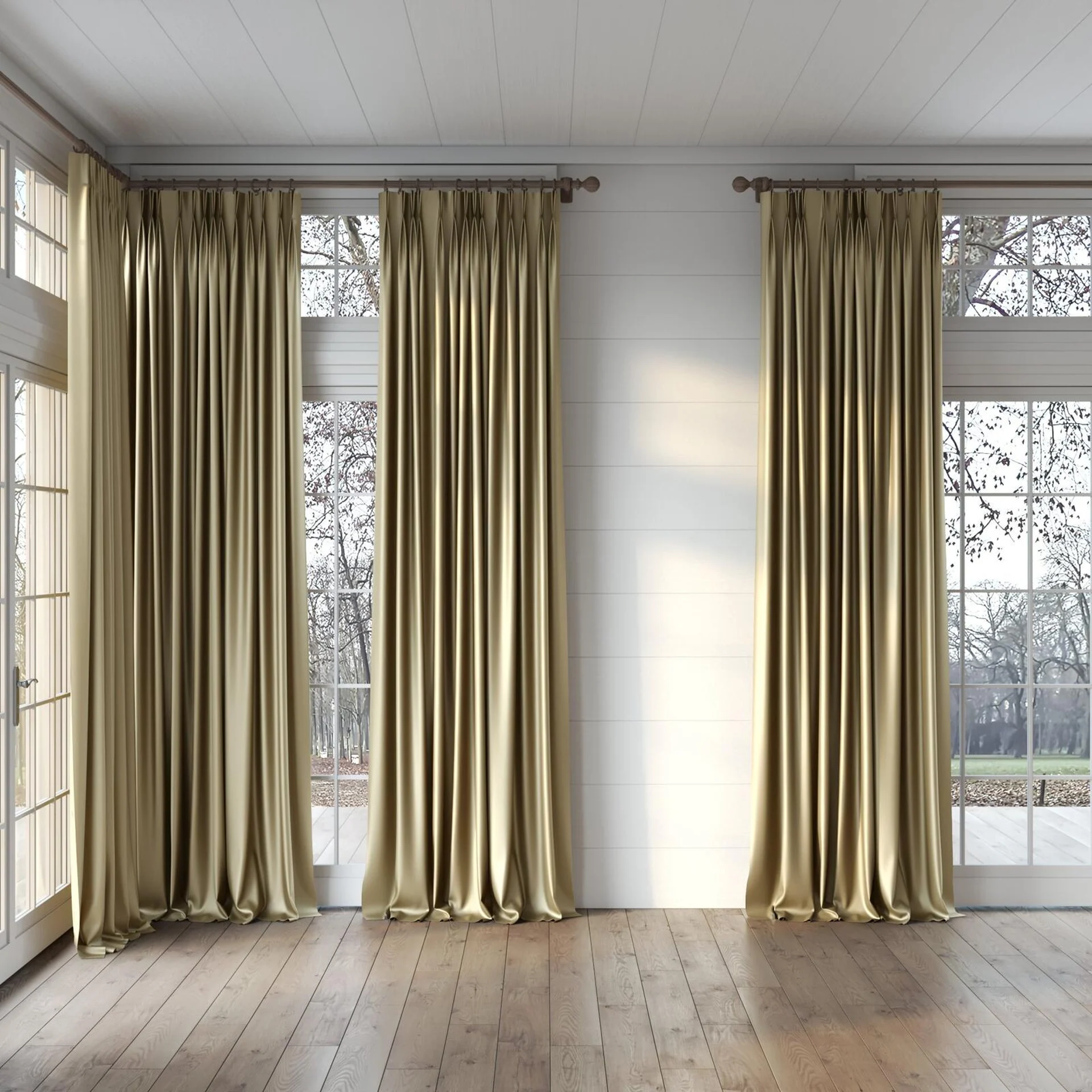 Full view of Moonbeam Oatmeal, puddled, on curtain rod