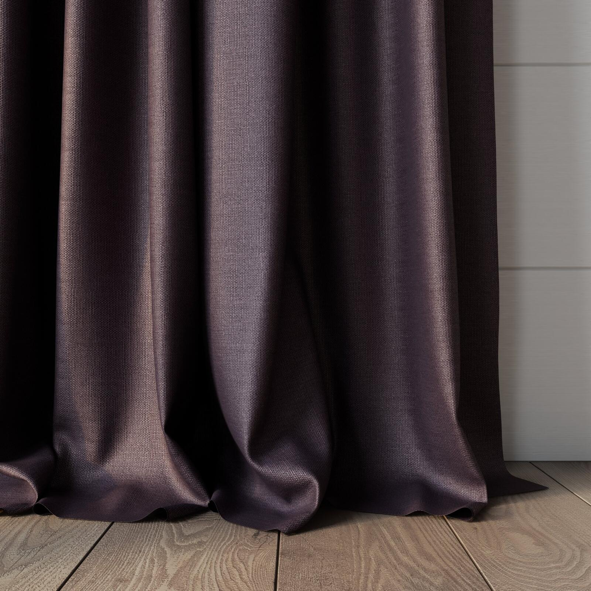 Bottom view of Linex Aubergine, puddled, on curtain rod