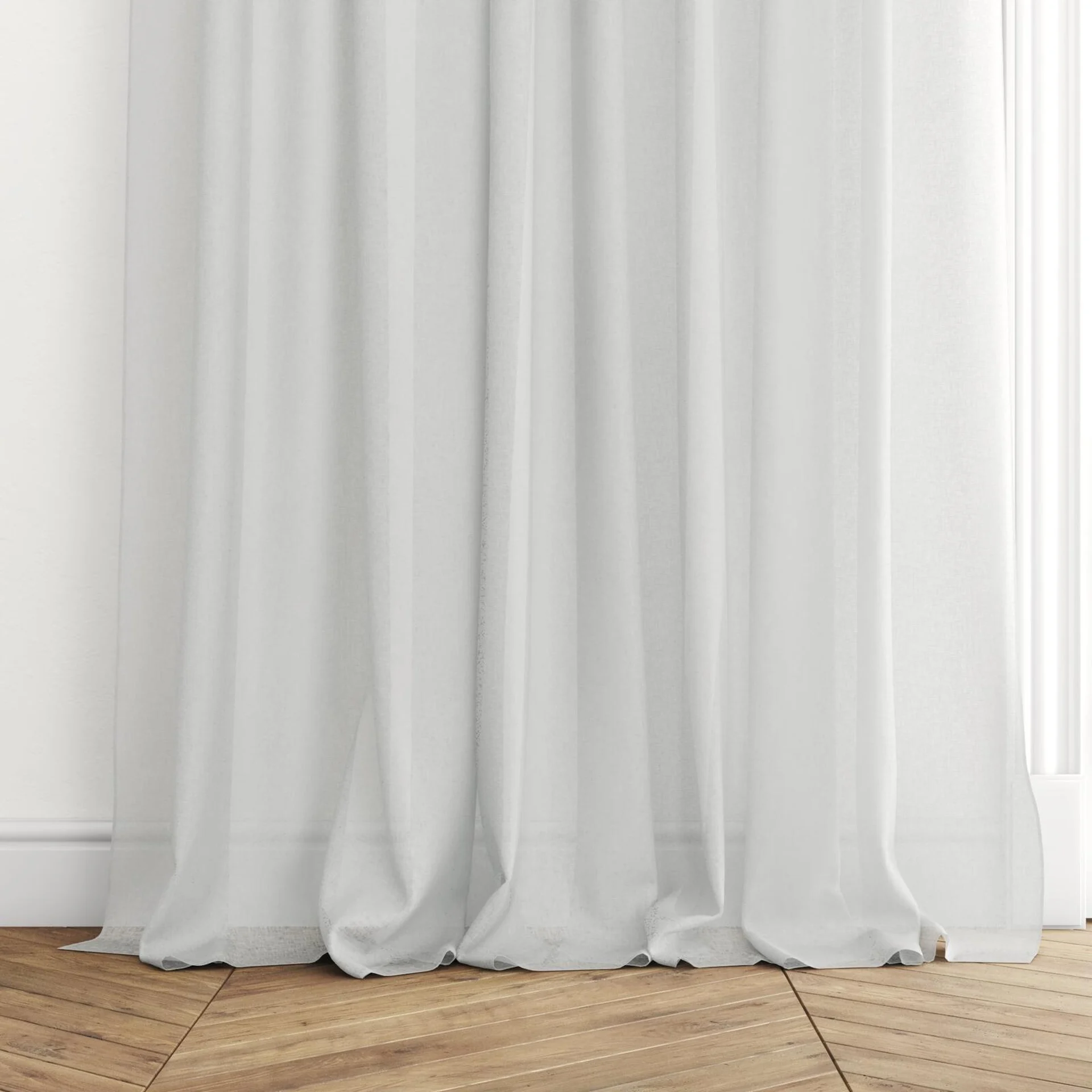 Bottom view of Laconia Air Salt, puddled with pinch pleat, on curtain rod