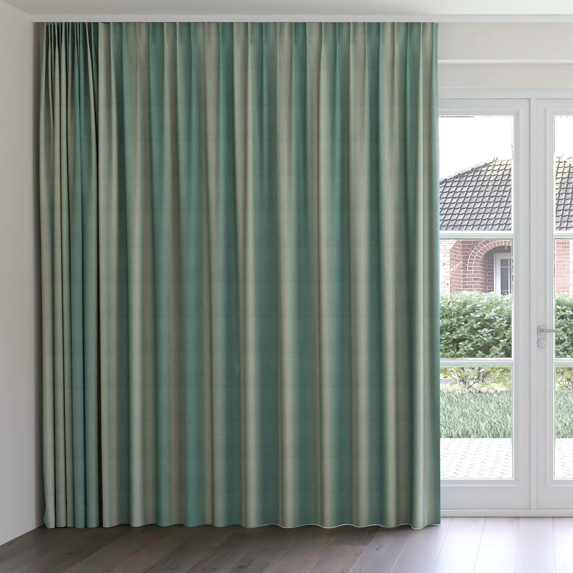 Front view of Jacopo Stripe Mineral, on curtain rail