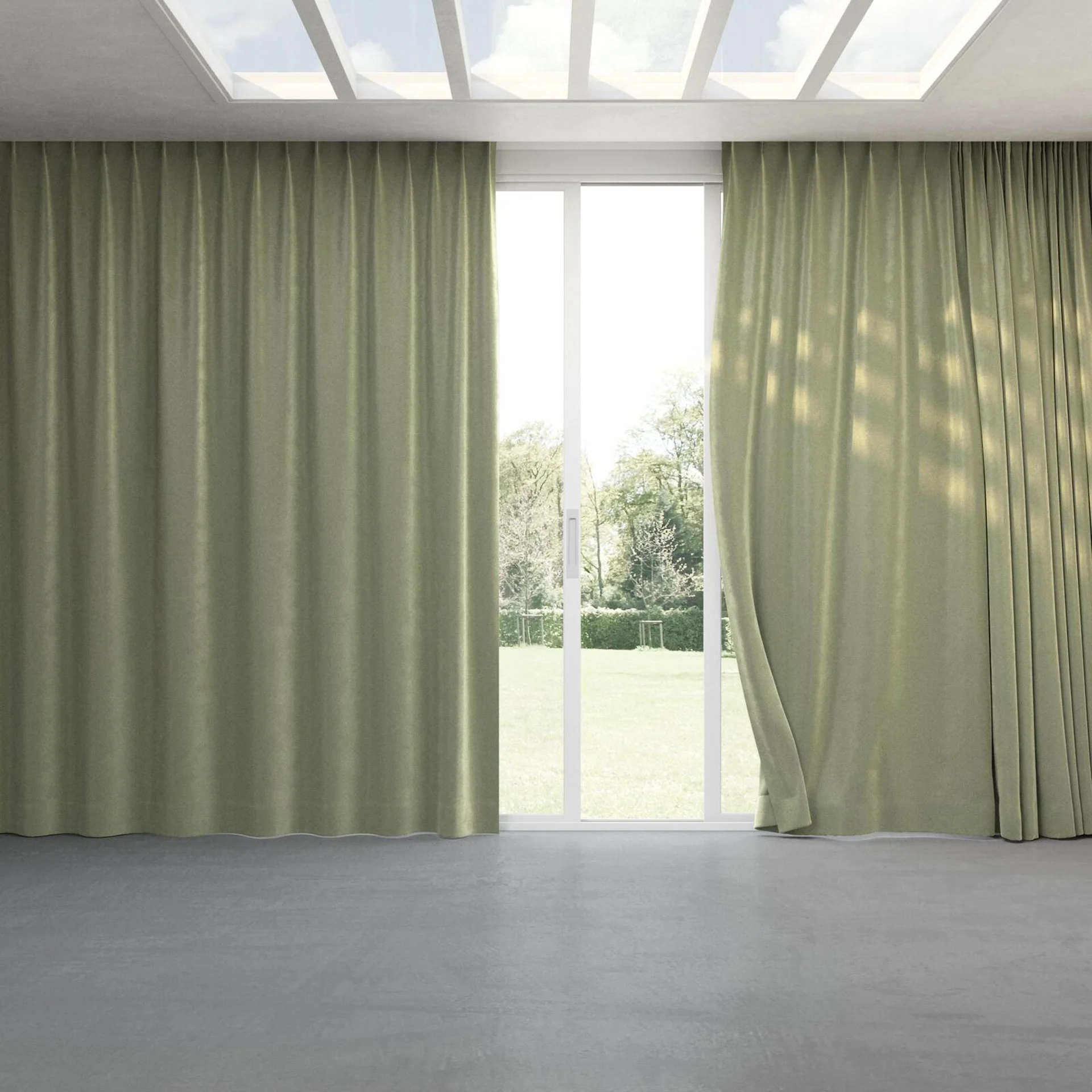 Full view of Velvelux Pistachio, pinch pleat